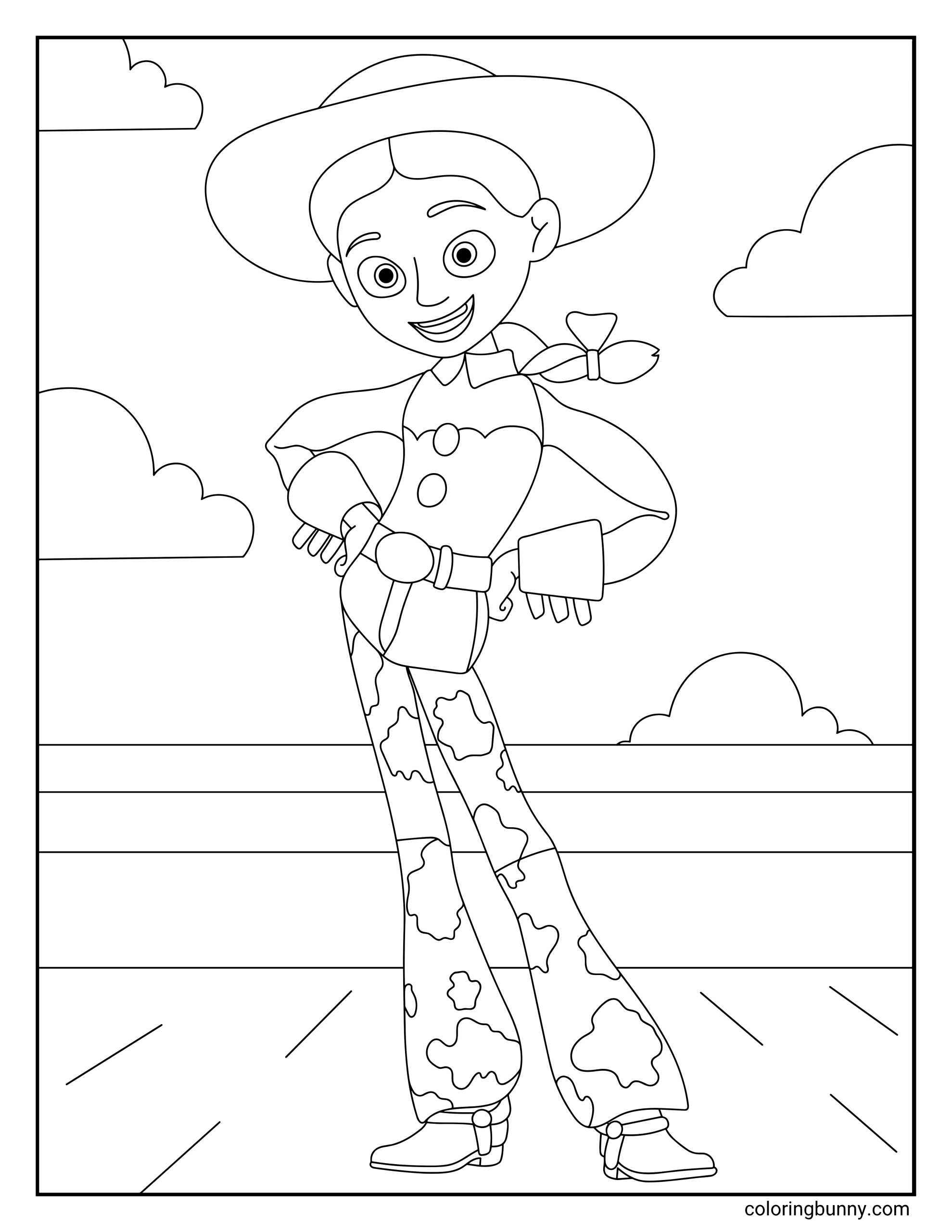 A coloring page of Jessie from Toy Story featuring a black and white outline illustration of the energetic cowgirl posing happily in her western outfit.