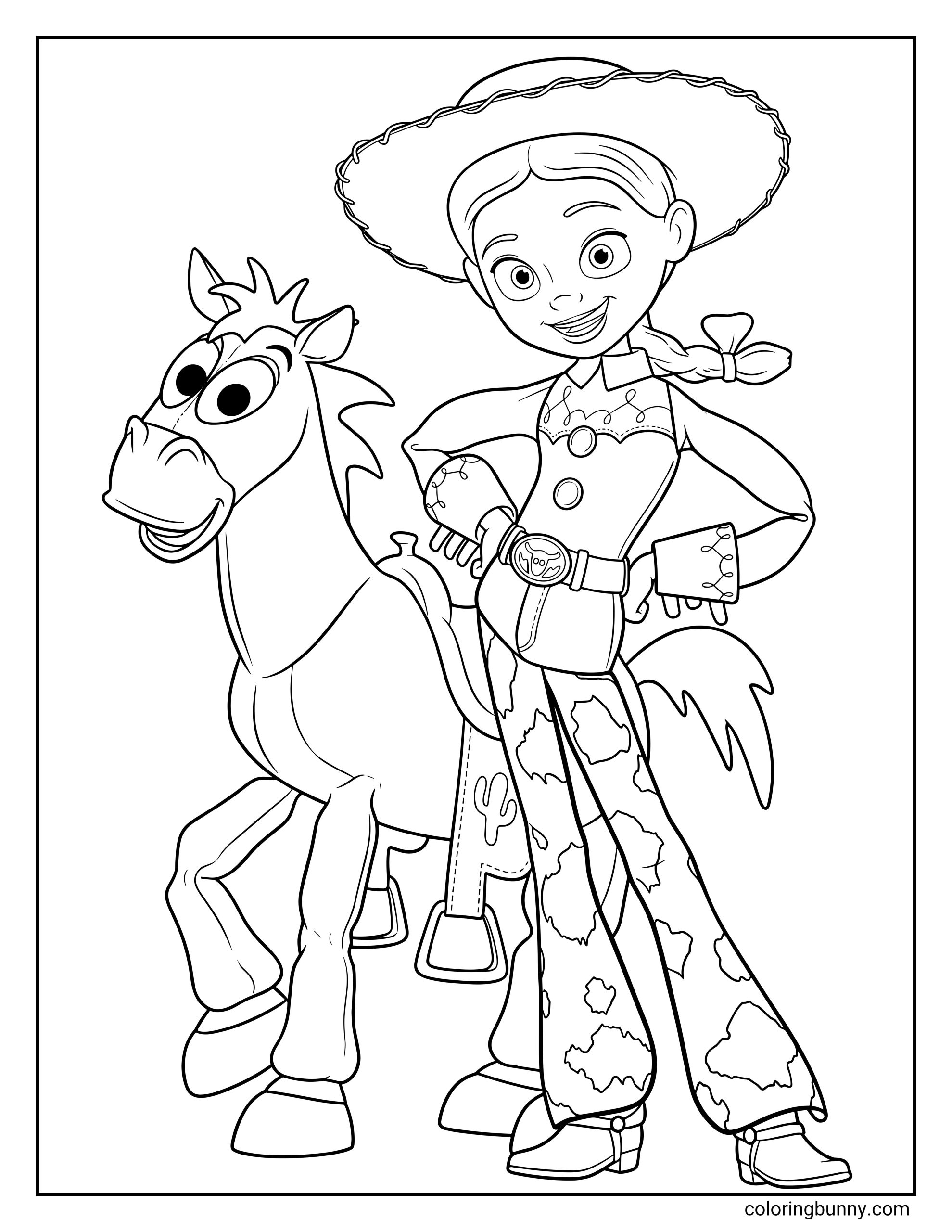 Jessie and Bullseye Toy Story Coloring Page showing the cowgirl doll standing confidently next to her smiling toy horse Bullseye, featuring clean black line art outlines.