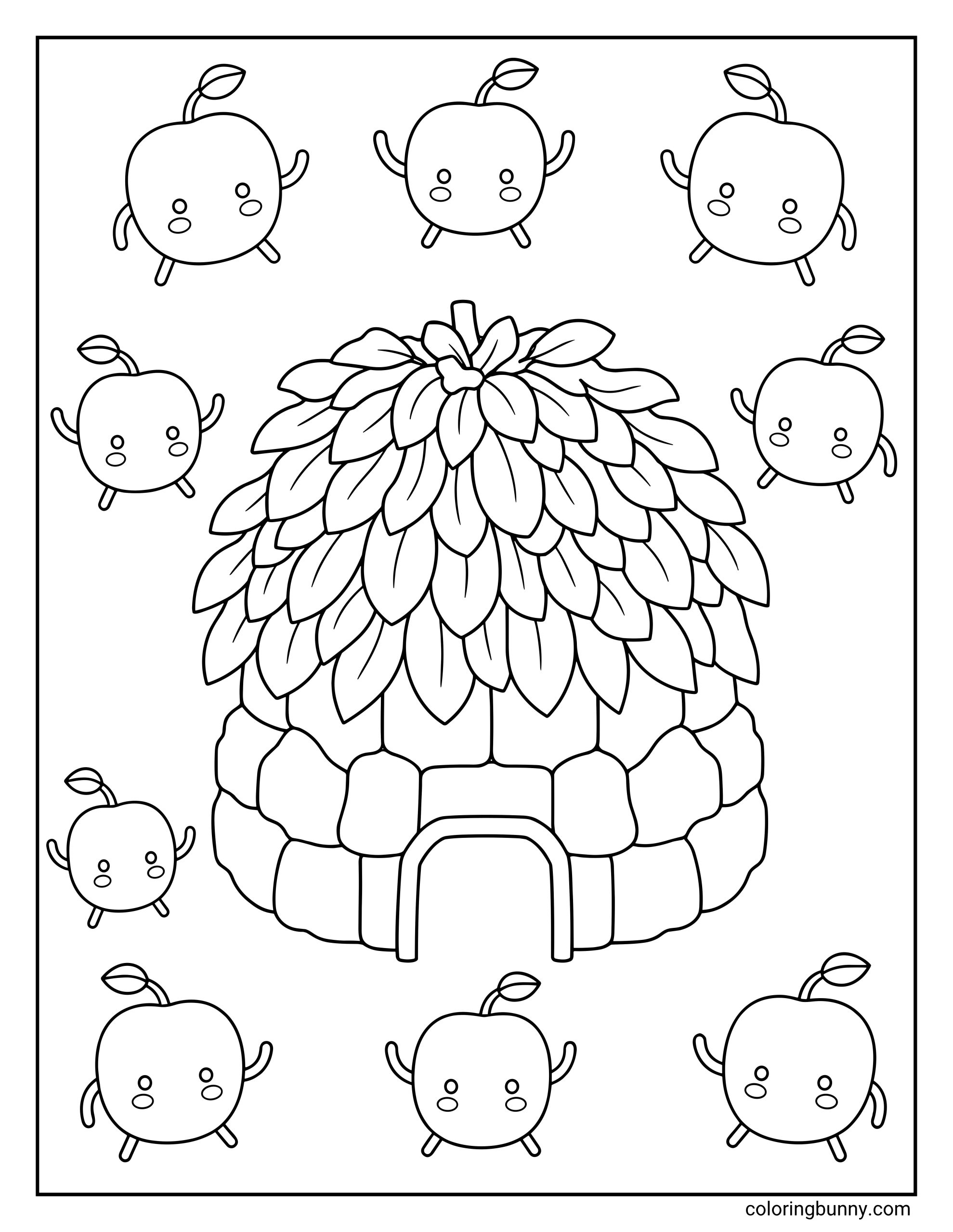 A Stardew Valley coloring page of a Junimo Hut made of stone with a thick leaf roof, surrounded by eight floating, cheerful Junimos.