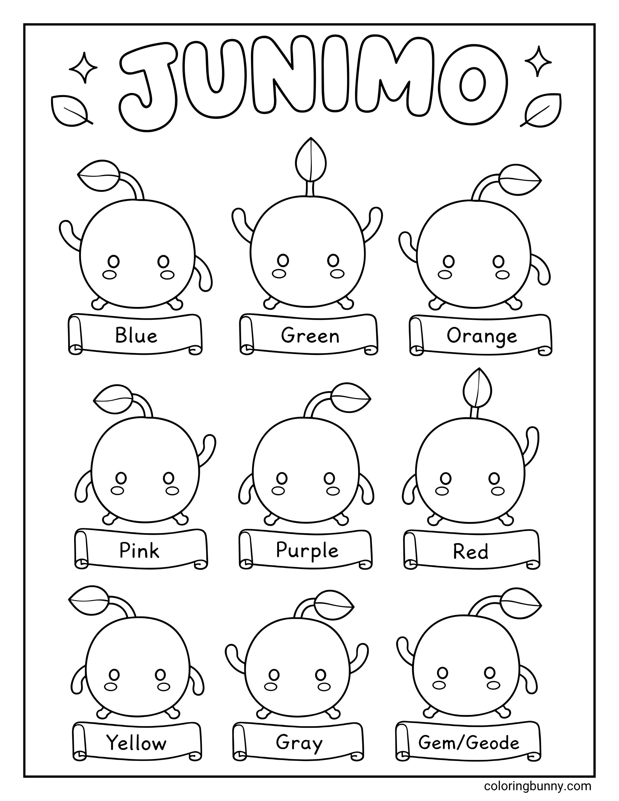 A Stardew Valley coloring page titled "JUNIMO" featuring a grid of nine distinct forest spirits labeled with various colors; Blue, Green, Orange, Pink, Purple, Red, Yellow, Gray and a Gems/Geode variant.