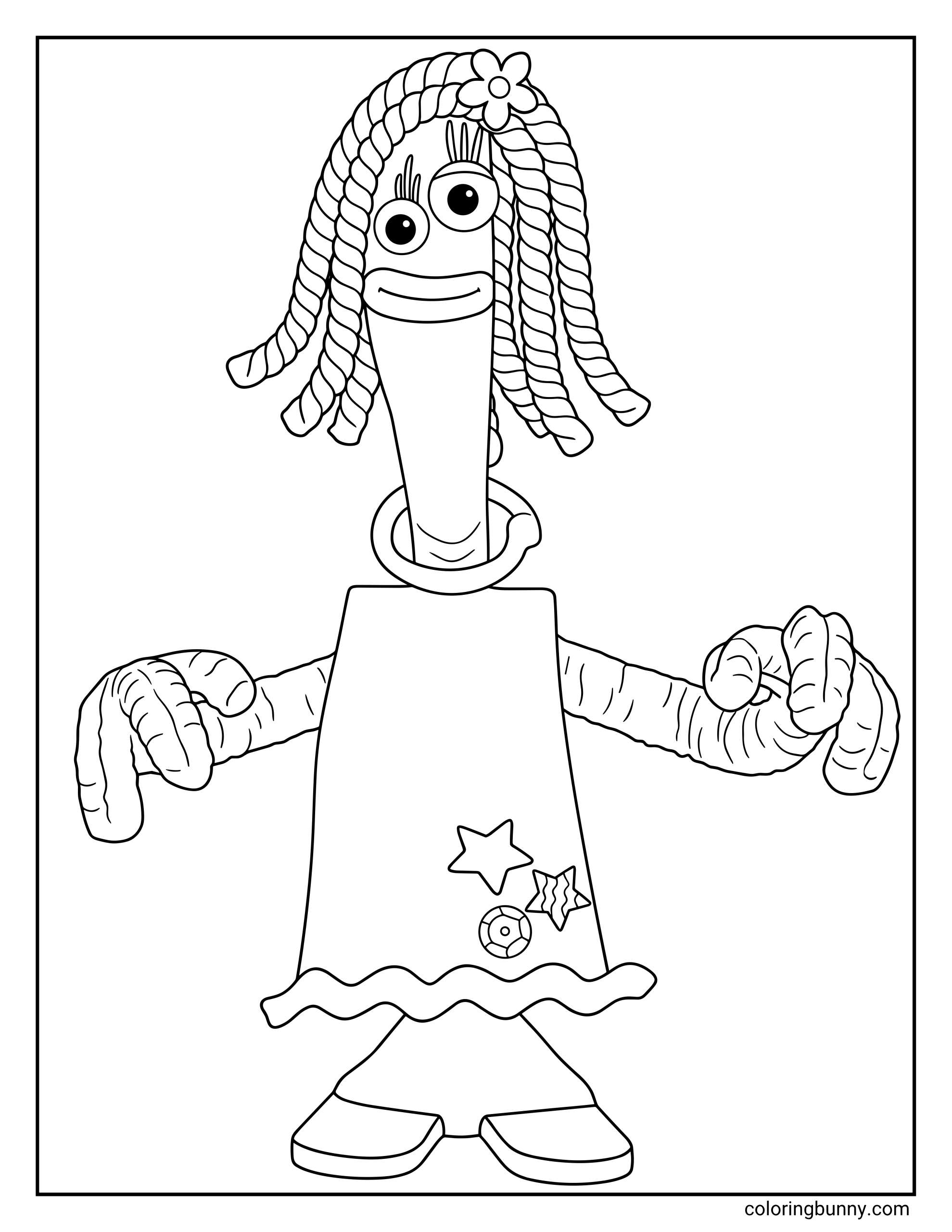 Karen Beverly Toy Story Coloring Page displaying a full-length line art drawing of the plastic knife toy character standing with wide arms, featuring yarn dreadlock hair with a flower clip and a dress decorated with stars.