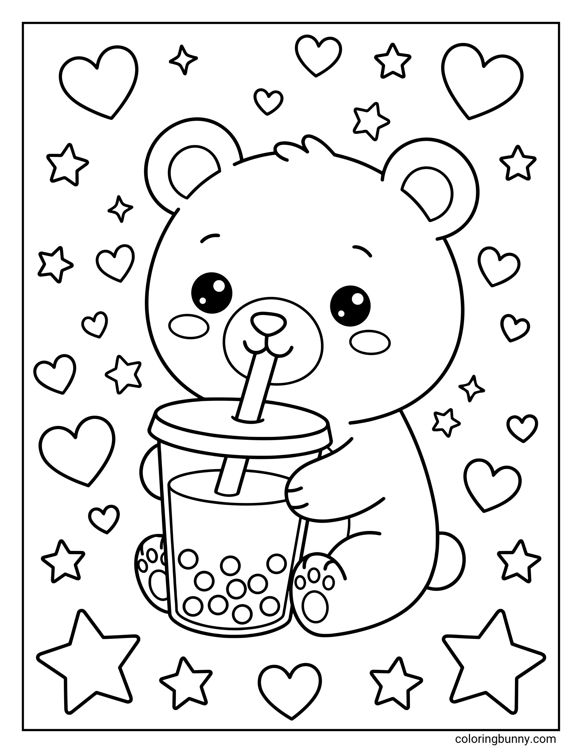 Kawaii boba bear coloring sheet featuring a smiling cartoon bear with round ears, blushing cheeks, and big eyes, holding a bubble tea cup with pearls inside and surrounded by stars and hearts.