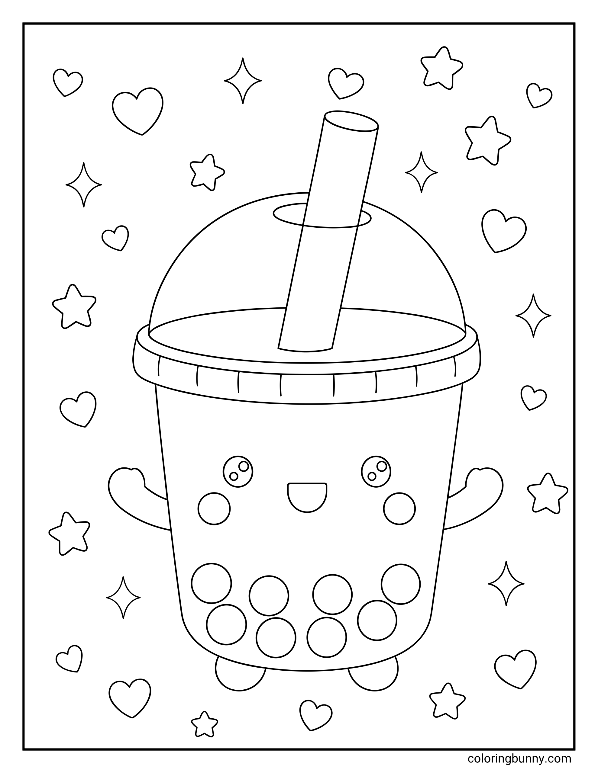 Kawaii boba tea coloring page with a smiling bubble tea cup character, tapioca pearls inside, tiny arms stretched out, and a playful background filled with hearts, stars, and shiny sparkles.
