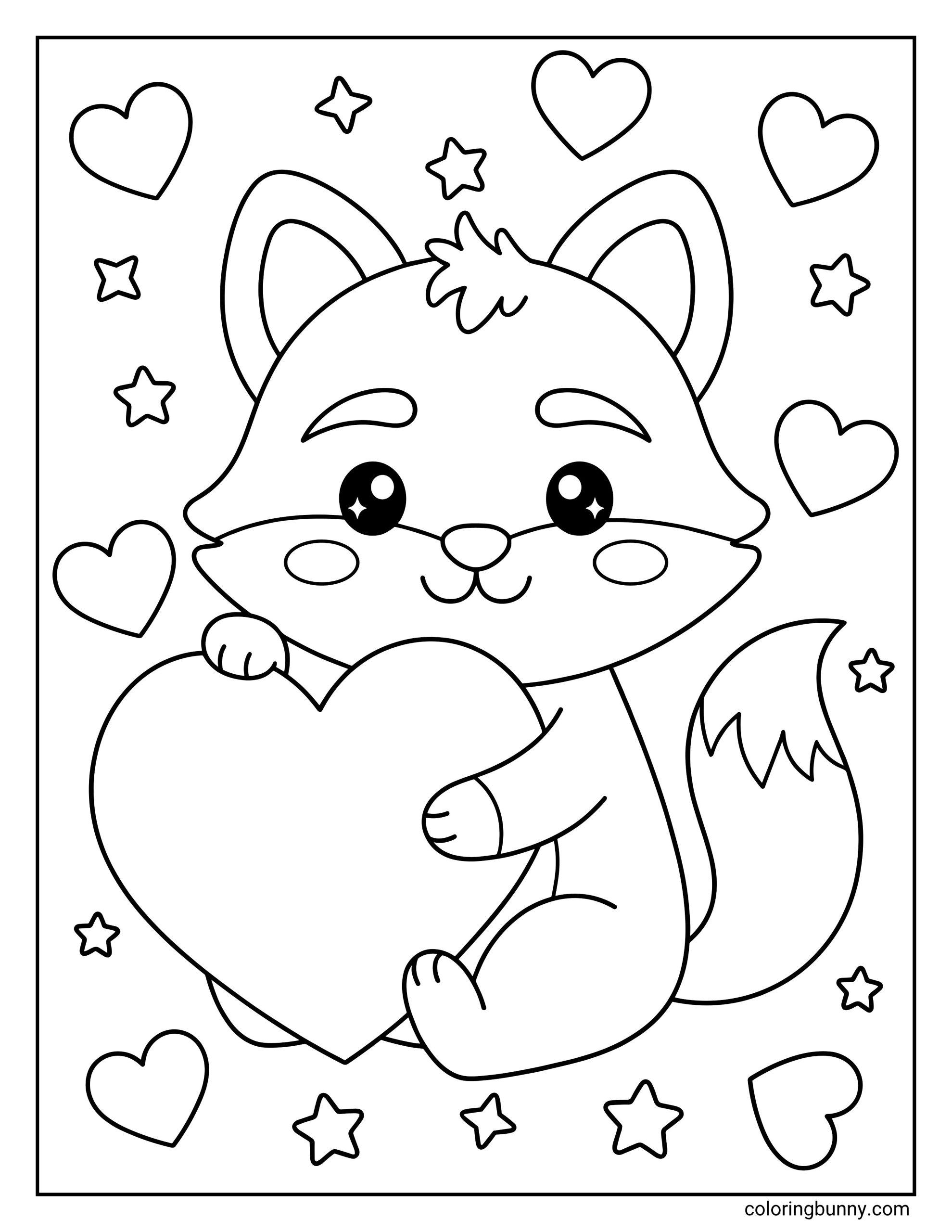A coloring page featuring a cute baby cartoon fox sitting down and hugging a massive heart, surrounded by a background of floating hearts and twinkling stars.