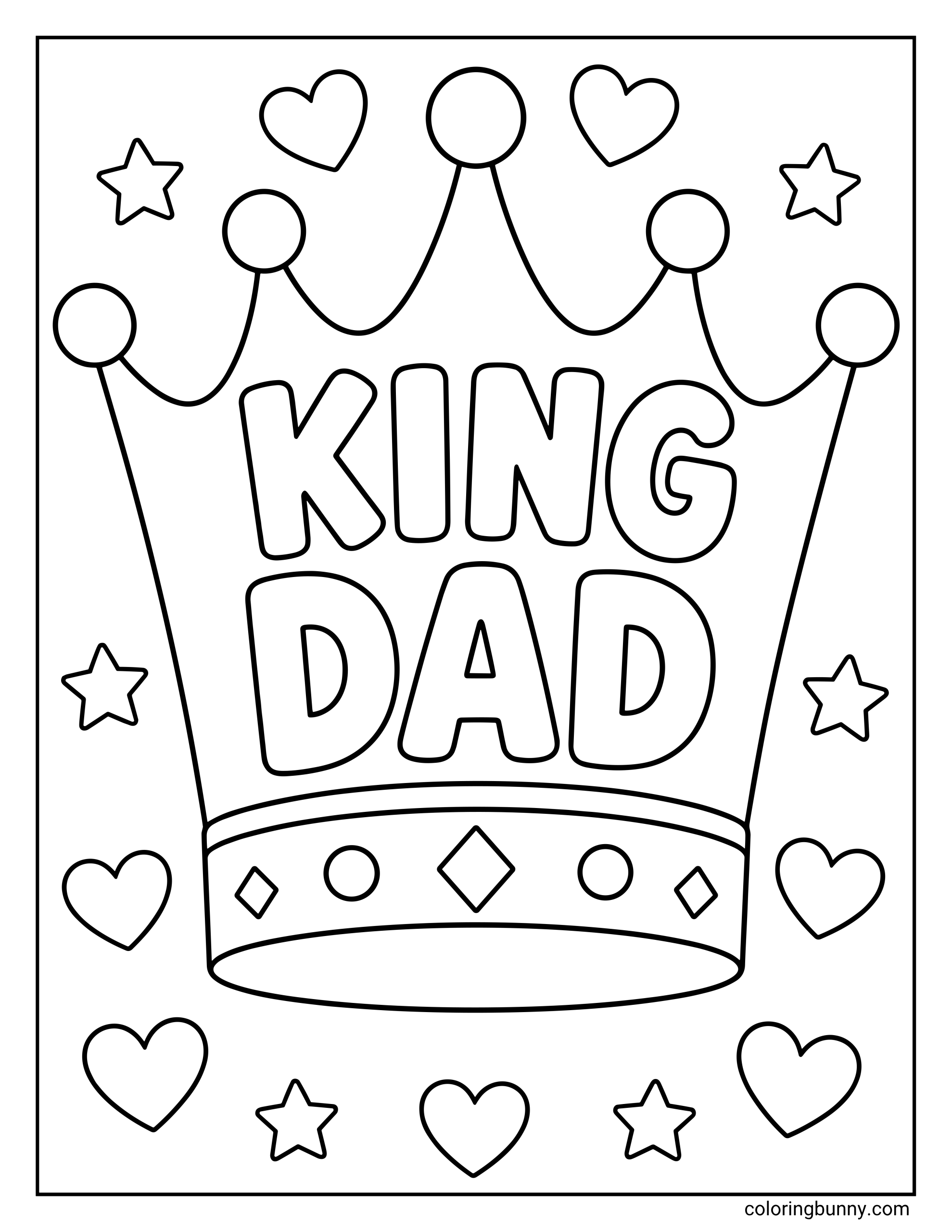 Father’s Day coloring page featuring a large royal crown with the words “KING DAD” in the center, surrounded by hearts and stars. This coloring sheet has bold, simple outlines and a cheerful, kid-friendly design.