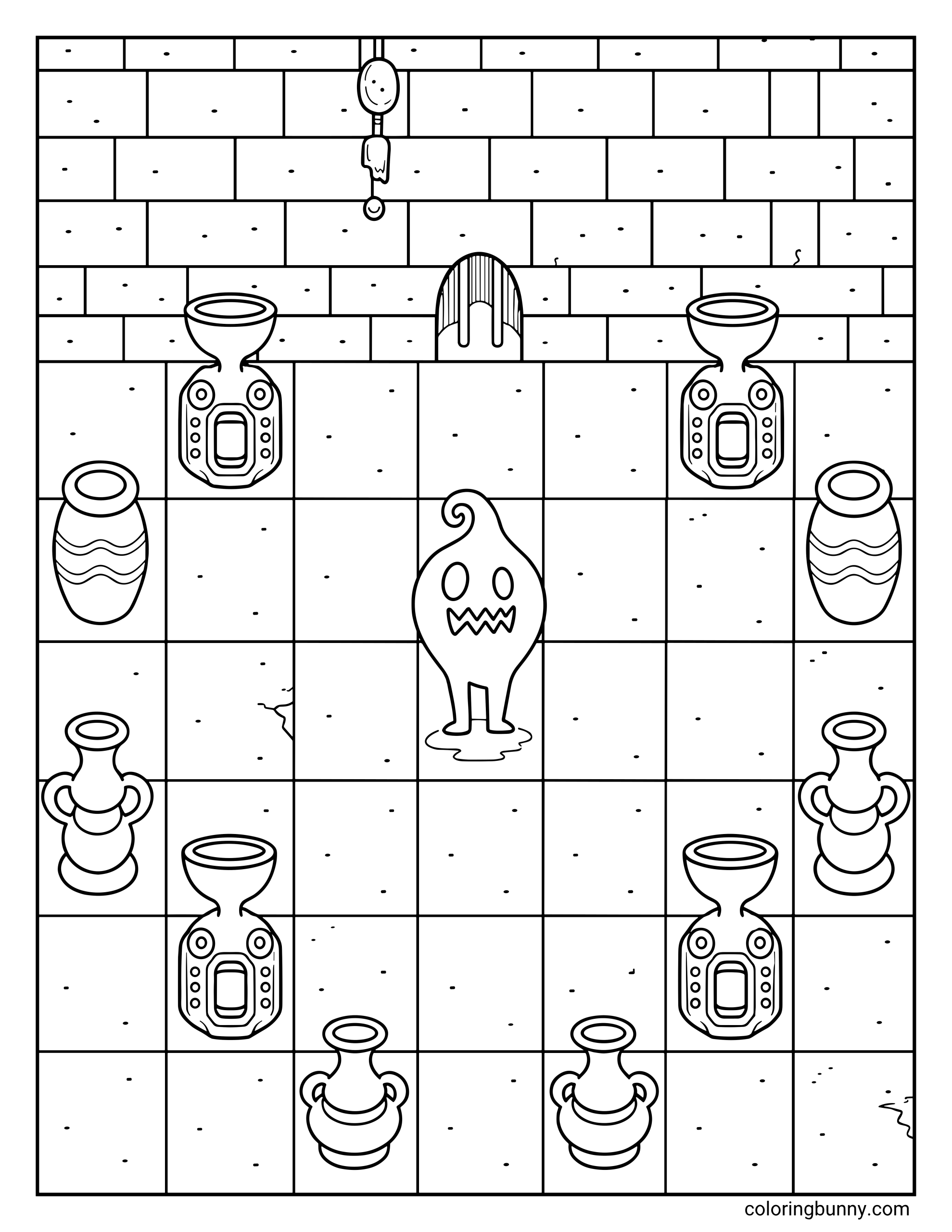 A Stardew Valley coloring page of the Pelican Town sewers, featuring Krobus standing in the center surrounded by tiled floors, brick walls, and ancient urns.