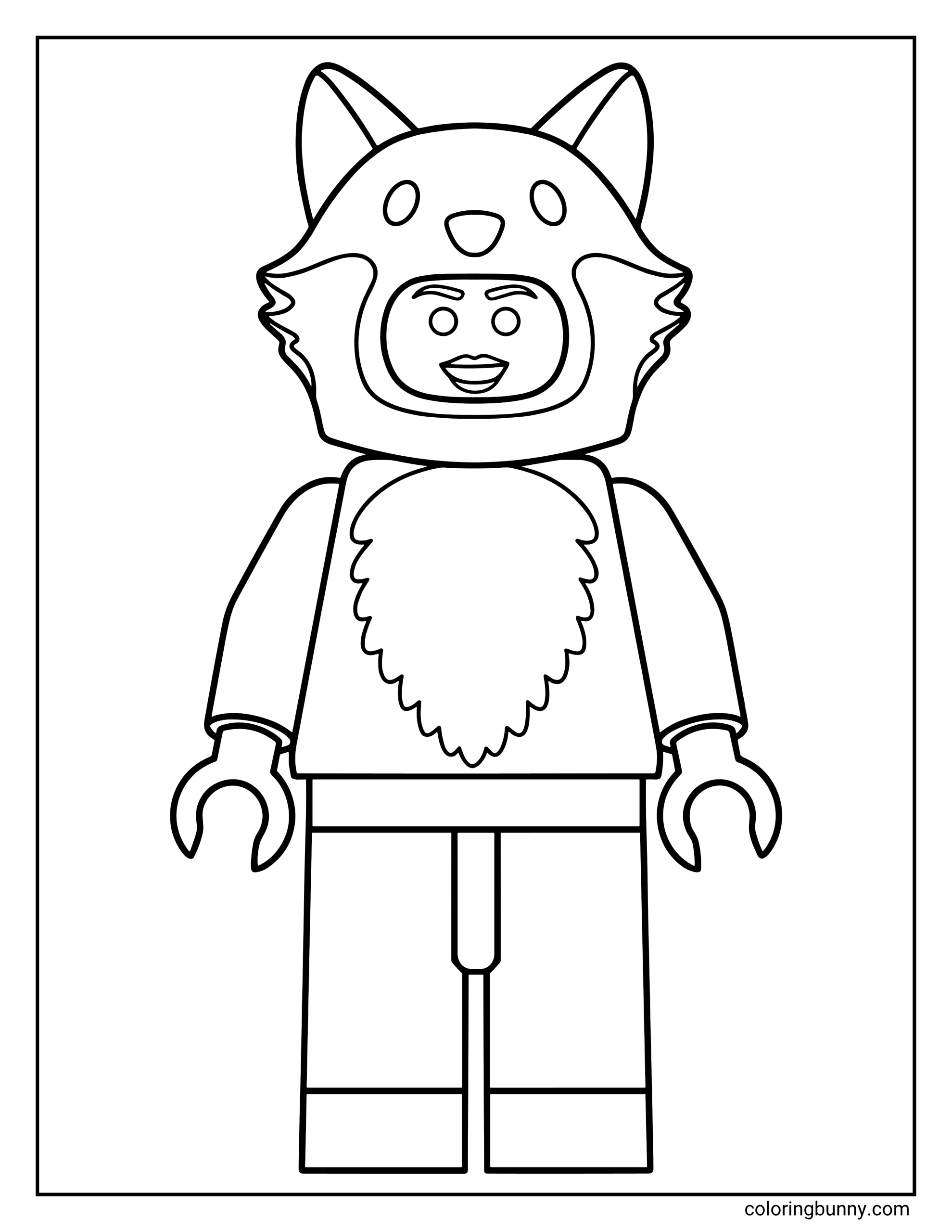A LEGO coloring page depicting a classic LEGO minifigure Fox Suit Girl, complete with a molded fox head helmet.