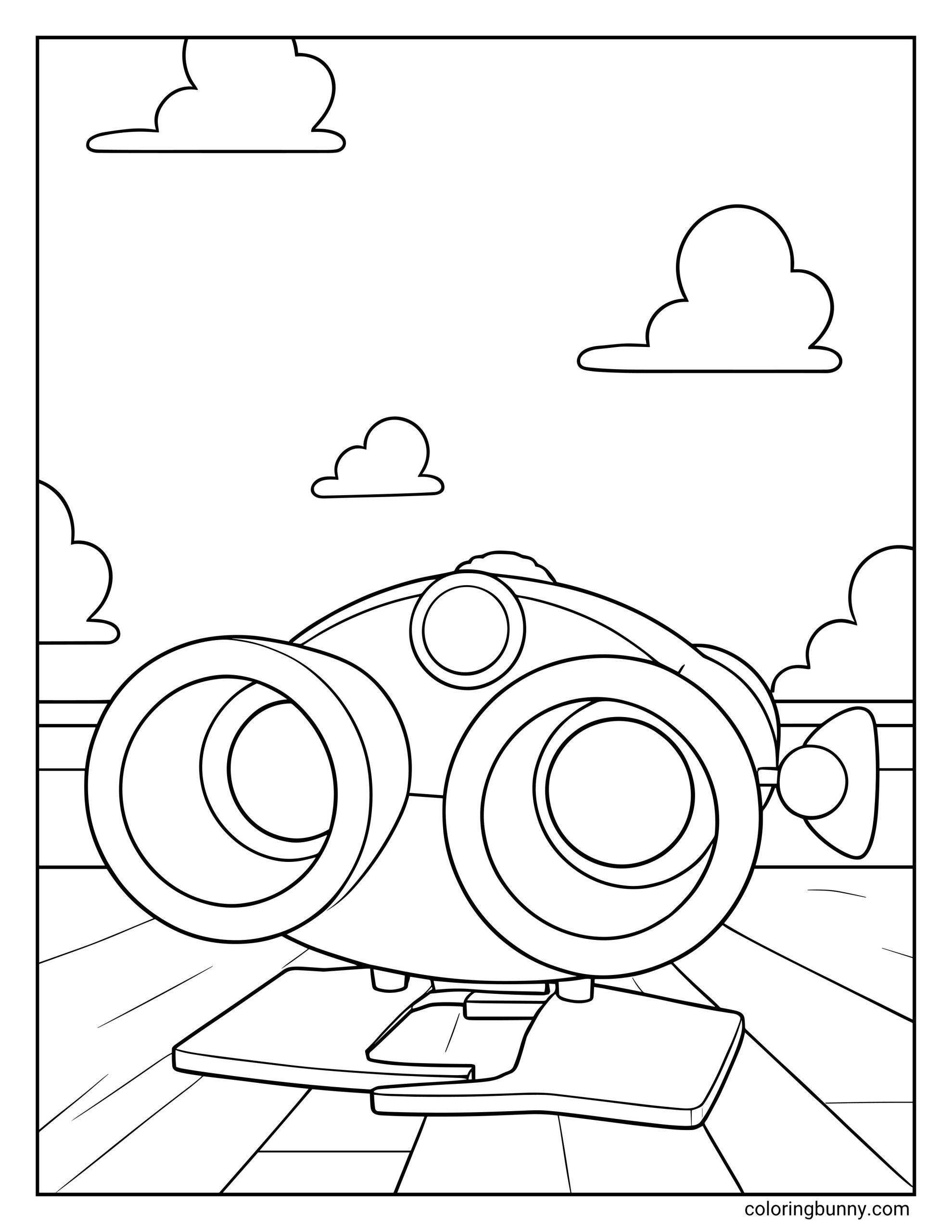 Lenny Toy Story coloring page featuring the binocular toy with large round lenses, small feet, side knob details, and a playful room background with clouds and floorboards.