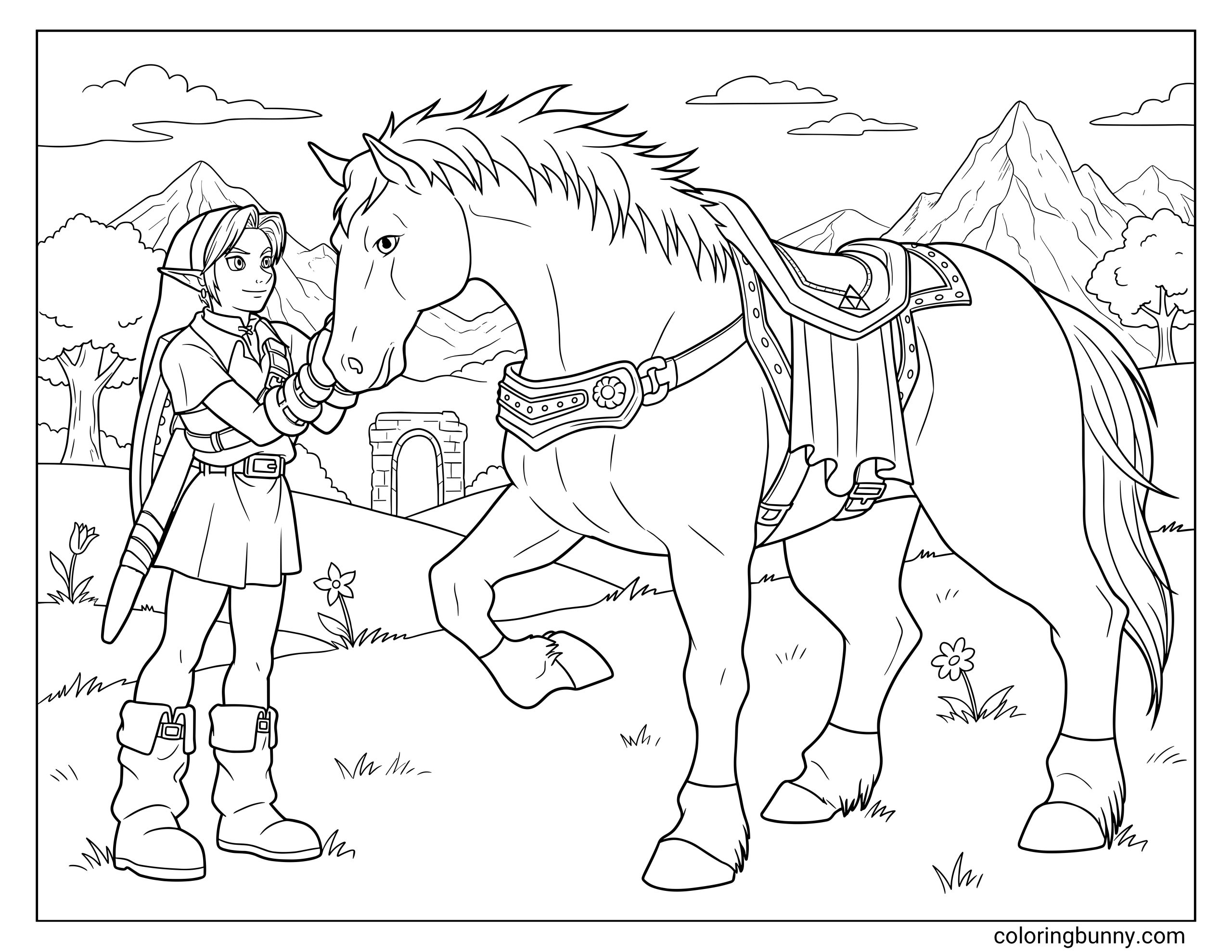 Coloring page of Link from Zelda petting Epona beside rolling Hyrule hills, with distant mountain peaks, countryside trees, flowers, clouds, and a small stone ruin.