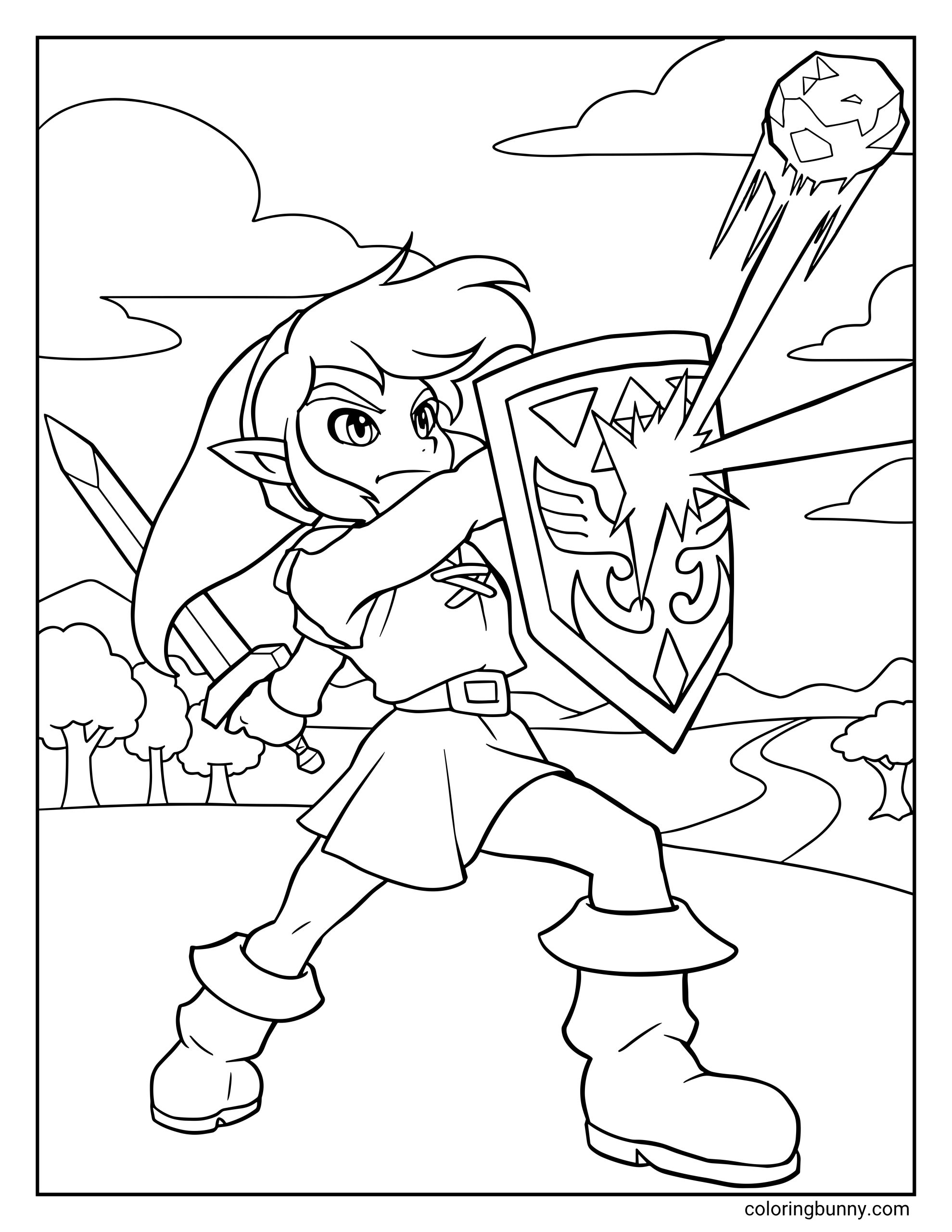 Zelda coloring page showing Link defending himself with a shield during an action scene, with a flying rock, forest trees, hills, clouds, and a path.