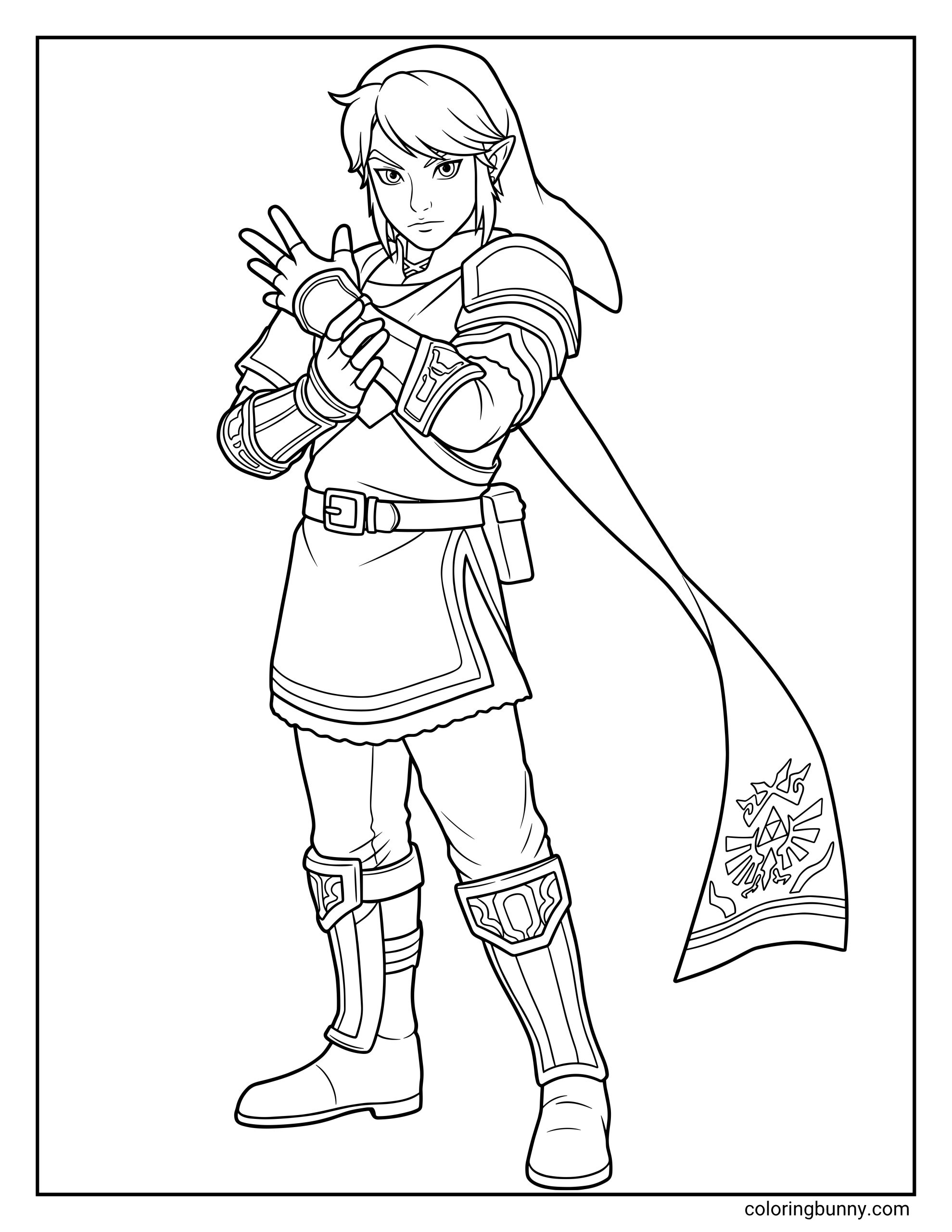 Link Zelda coloring page showing Link in a battle-ready pose with pointed ears, detailed armor, boots, gloves, belt, long cape, and Hylian crest.