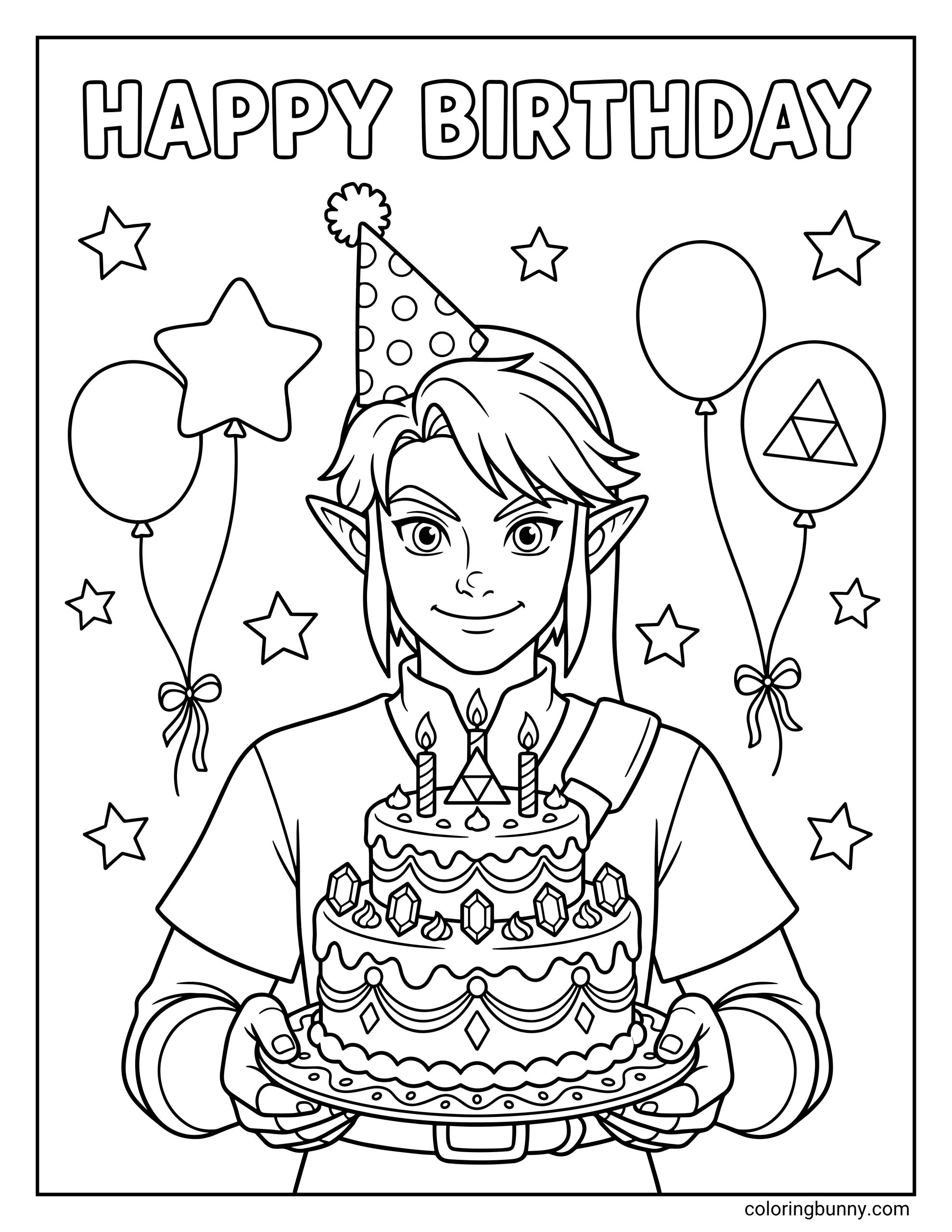 Zelda Happy Birthday coloring page showing Link wearing a party hat and holding a decorated birthday cake with candles, balloons, stars, and Happy Birthday text.