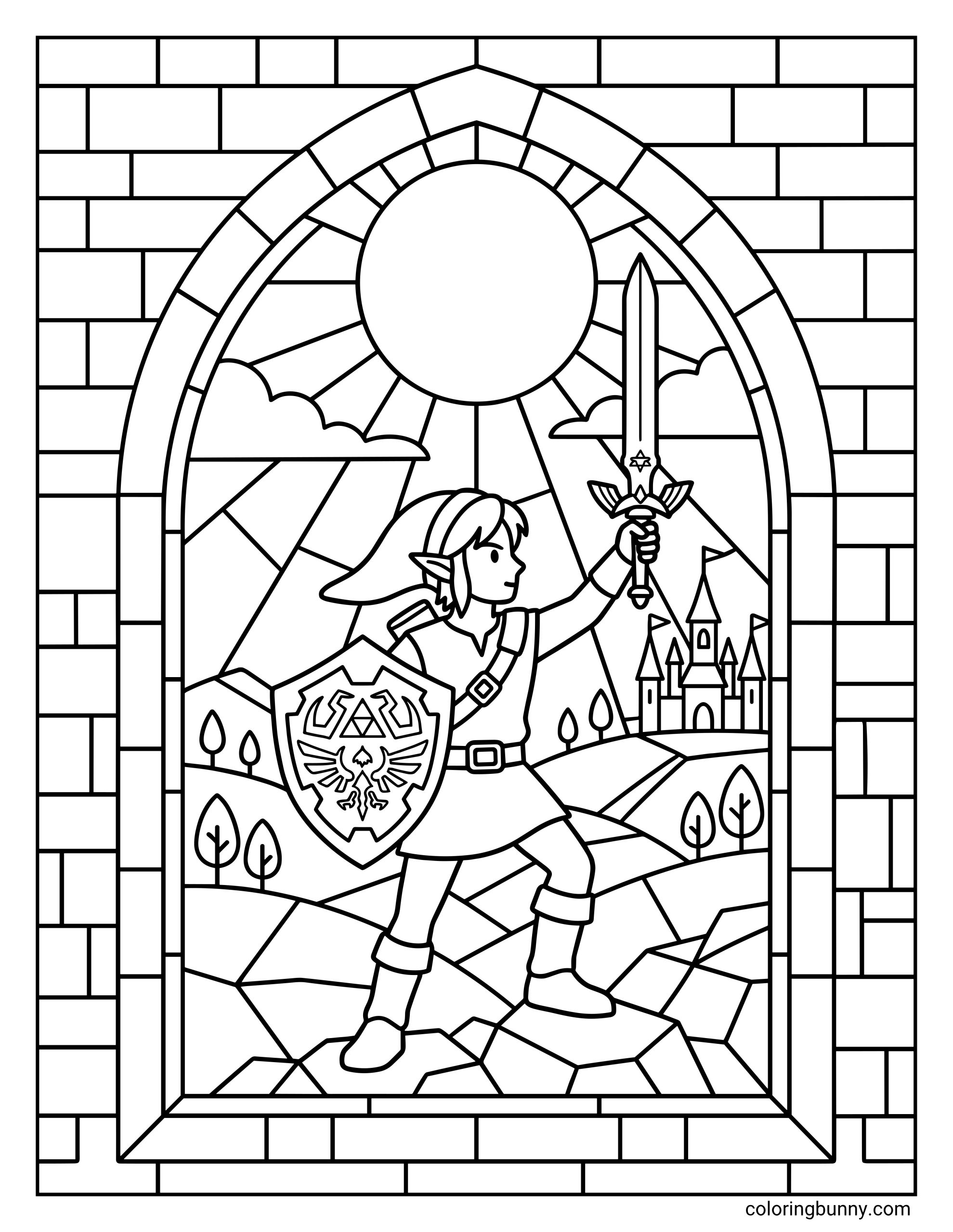 Zelda coloring page showing Link framed by a tall stained glass window, with sword raised, shield ready, castle towers, trees, mountains, and geometric glass sections.
