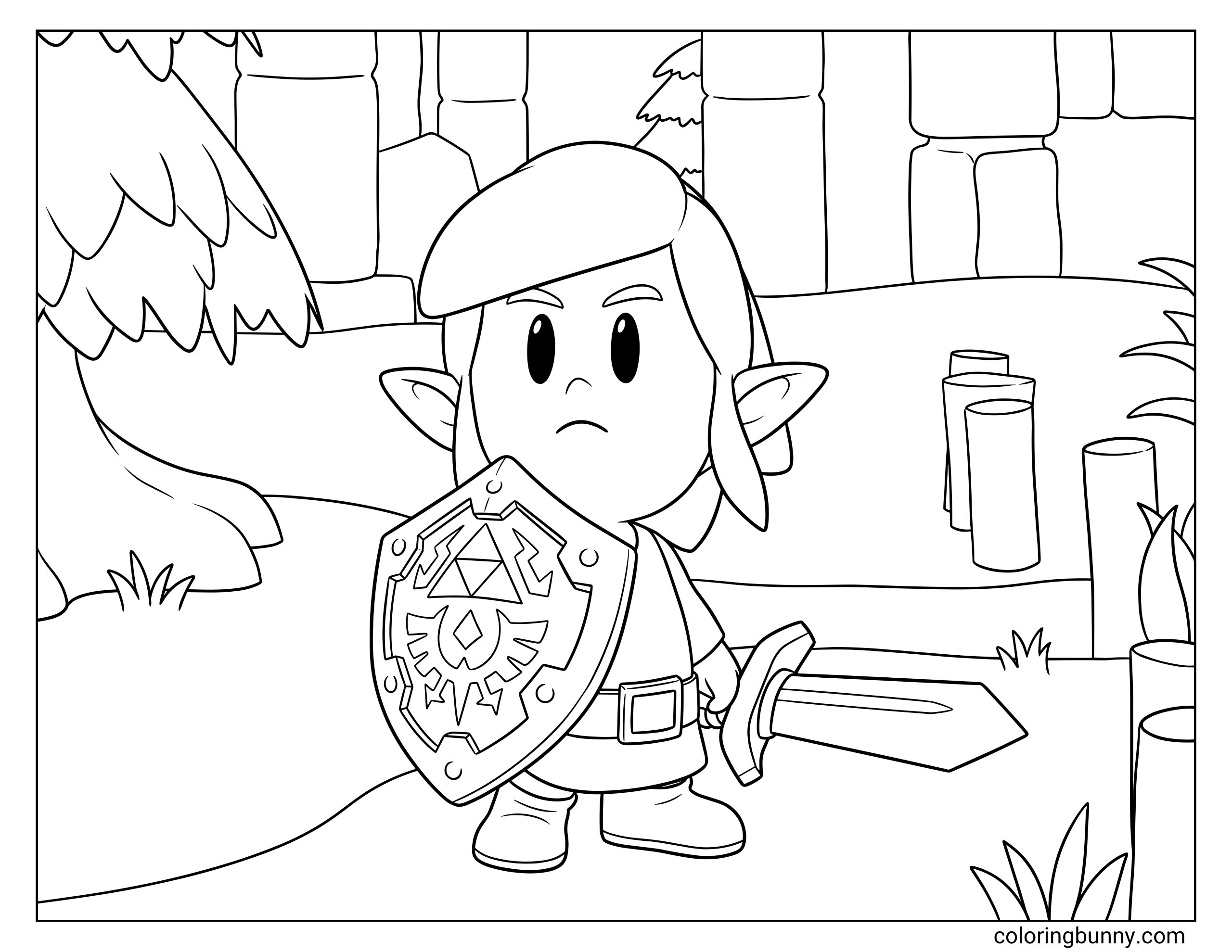 Coloring page of Link from Zelda Link’s Awakening holding his sword and detailed Hylian Shield in a forest area with tree trunks, plants, grass, and background ruins.