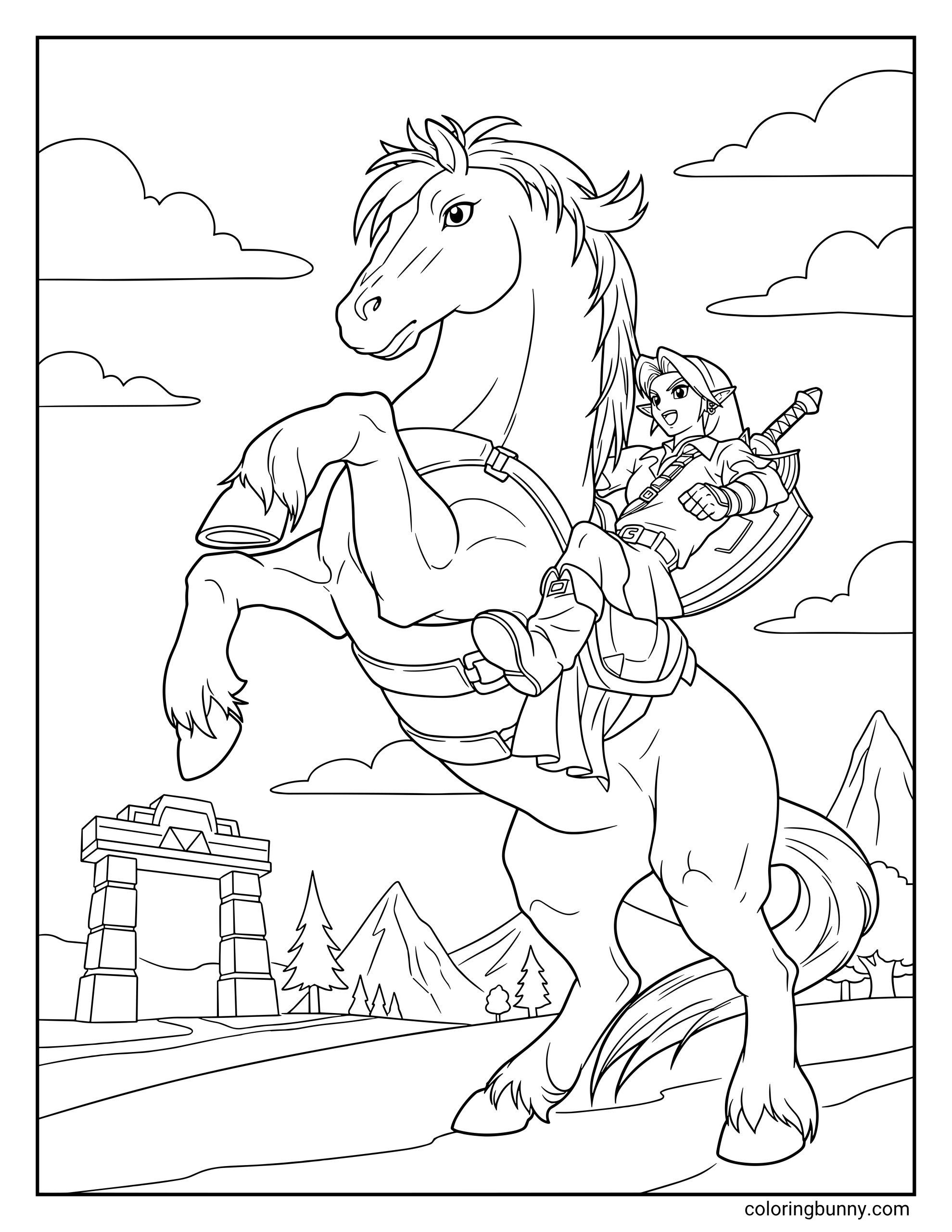 Coloring page of Link on his horse Epona, with Link holding the reins, his shield on his back, Epona rearing, and a Hyrule adventure scene behind them.