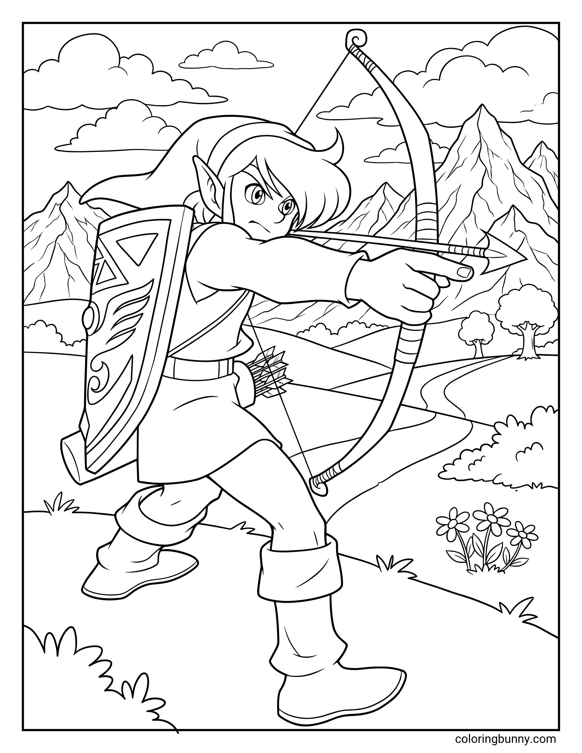 Zelda coloring page of Link holding a bow and arrow in an action pose, surrounded by Hyrule hills, mountain peaks, flowers, clouds, and a scenic path.