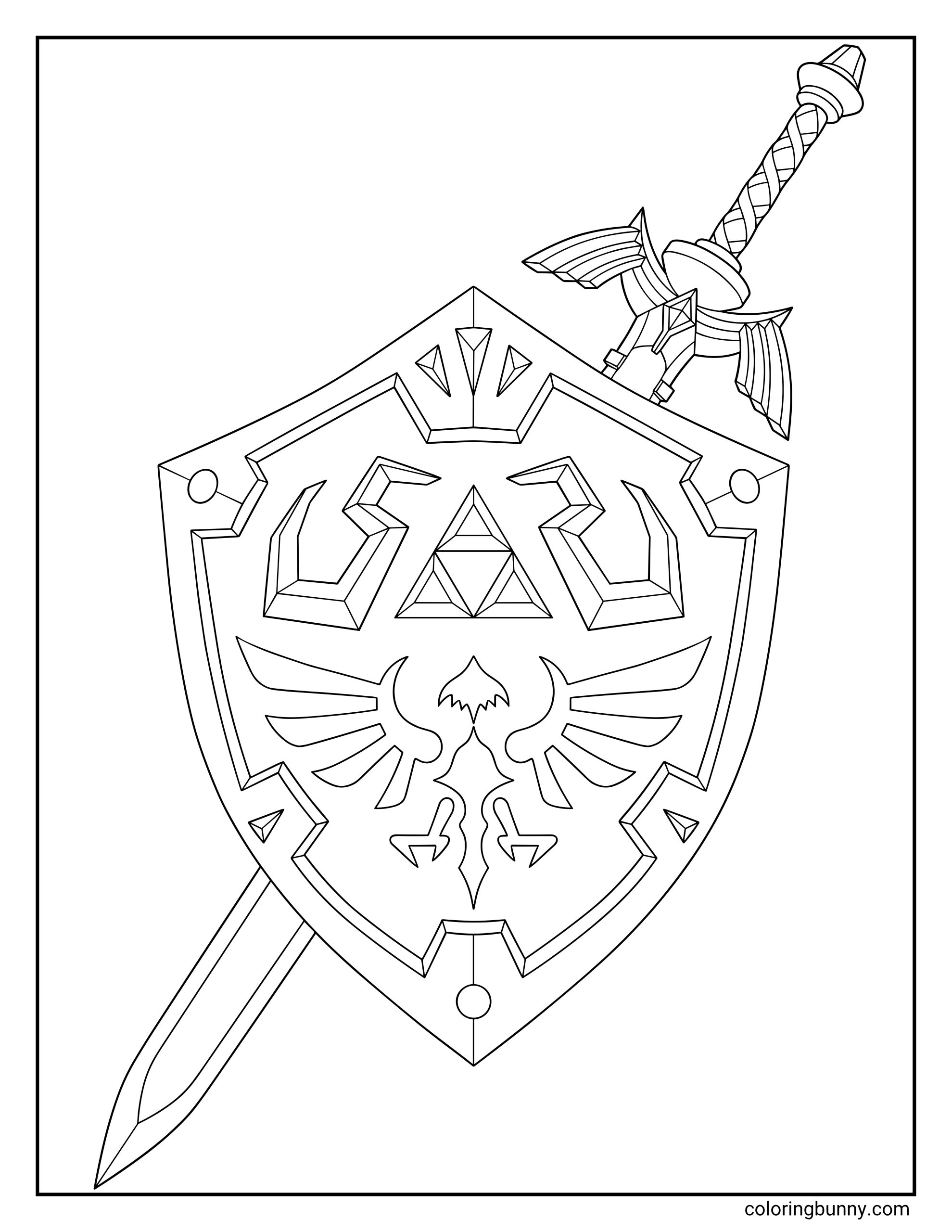 Zelda coloring page featuring Link's detailed Hylian Shield with the Triforce emblem and royal winged crest, with the Master Sword resting diagonally behind it.