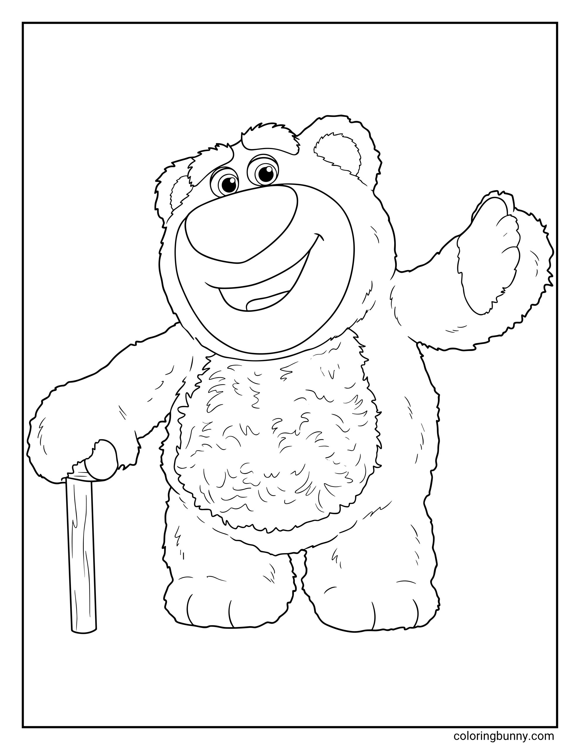 Lots-o'-Huggin' Bear Toy Story coloring sheet featuring the smiling teddy bear character with fluffy arms, a furry chest, rounded feet, one lifted paw, and a cane in a simple scene.