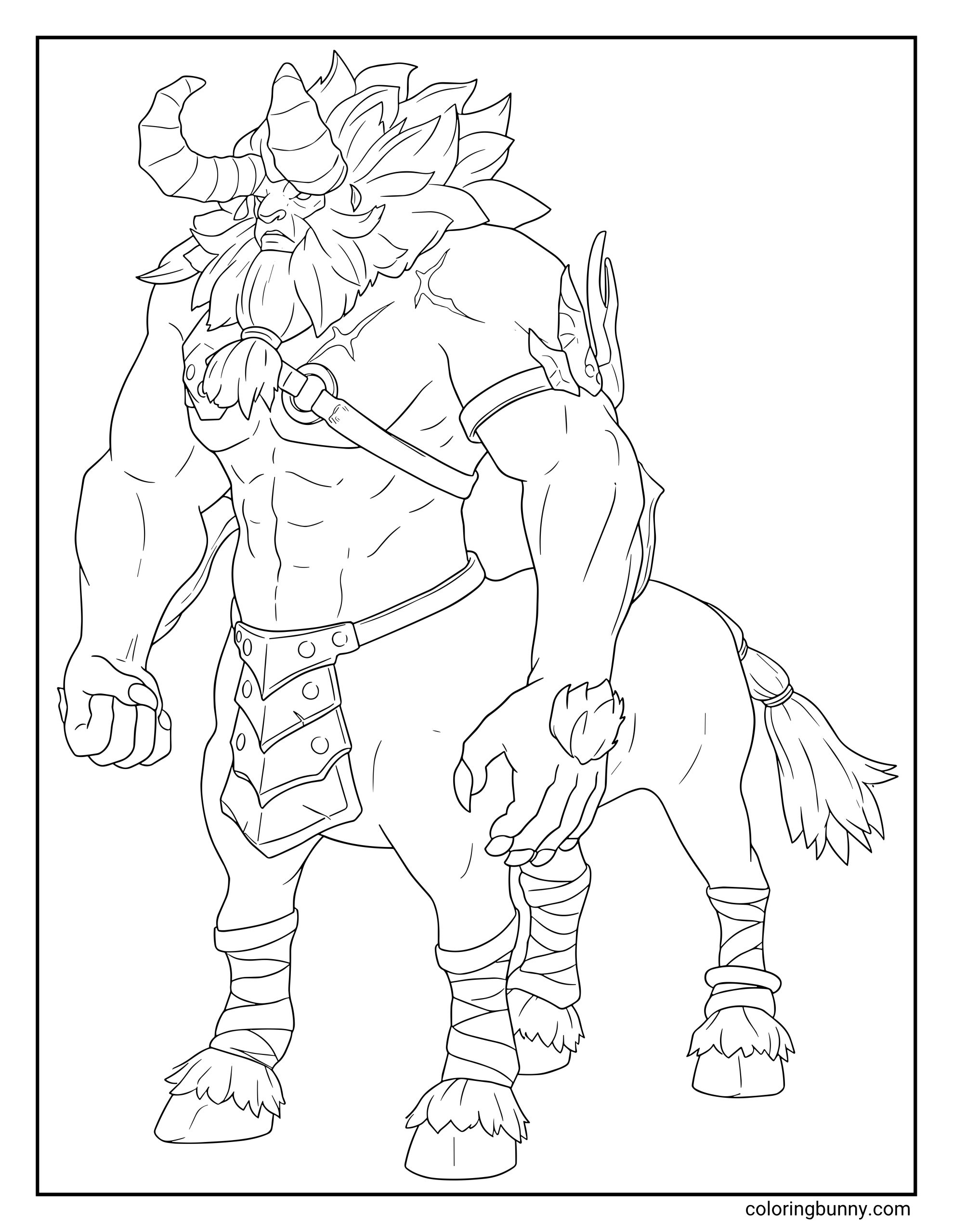 Lynel Zelda coloring page showing a powerful centaur-like monster with large horns, thick mane, muscular arms, hooves, tail, belt armor, and weapon details.