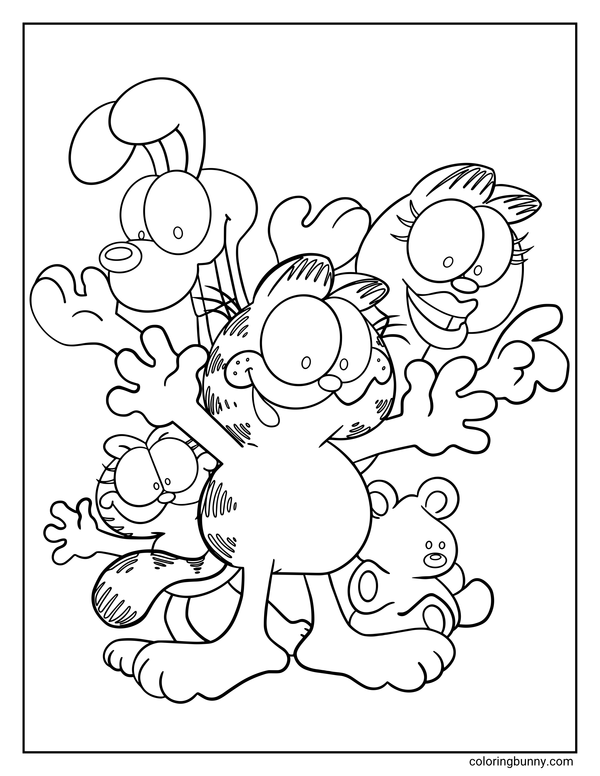 Coloring sheet of the main Garfield characters together, with Garfield waving in front, Odie smiling behind him, Jon Arbuckle pointing, Arlene peeking in, Nermal near the bottom, and Pooky sitting beside them.