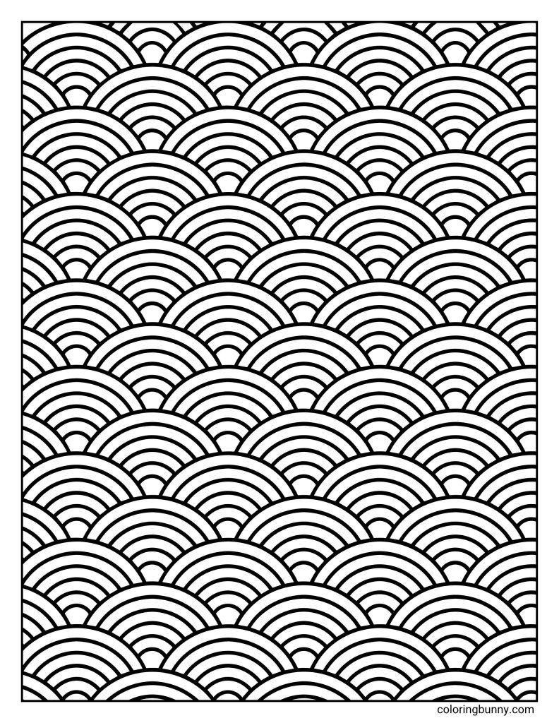 Repeating rainbow pattern coloring page featuring rows of layered rainbow arcs arranged in a bold geometric layout.