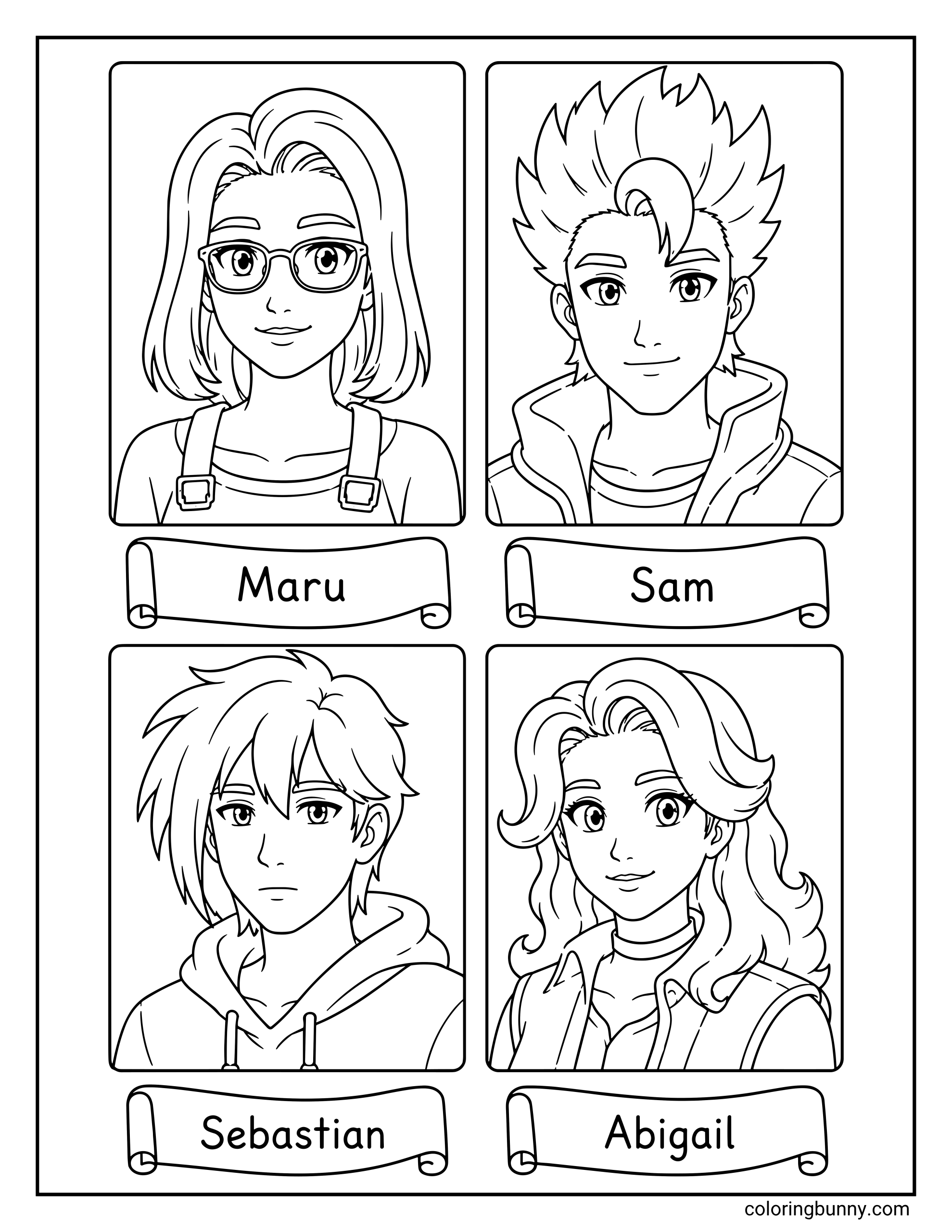 A Stardew Valley coloring page featuring anime-style character portrait panels for Maru, Sam, Sebastian, and Abigail, with their names on decorative scrolls.