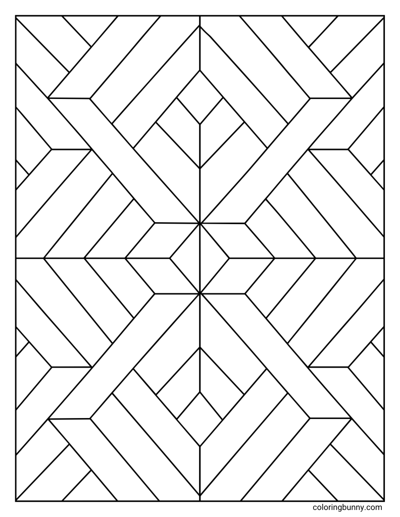 Mirrored chevron geometric pattern coloring page with large angled bands, repeating zigzag shapes, and a symmetrical center that creates a clean, balanced geometric layout.