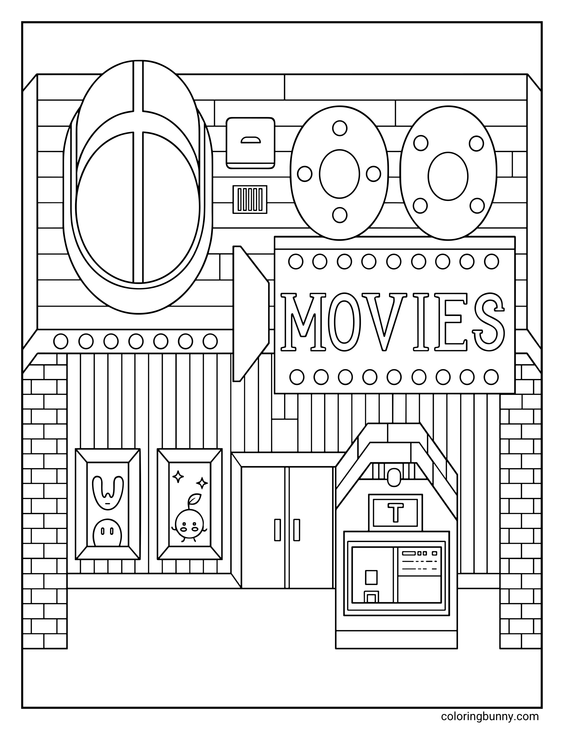 A Stardew Valley coloring page of the Pelican Town Movie Theater facade, featuring a large "MOVIES" marquee sign, movie poster frames, and a ticket booth out front.