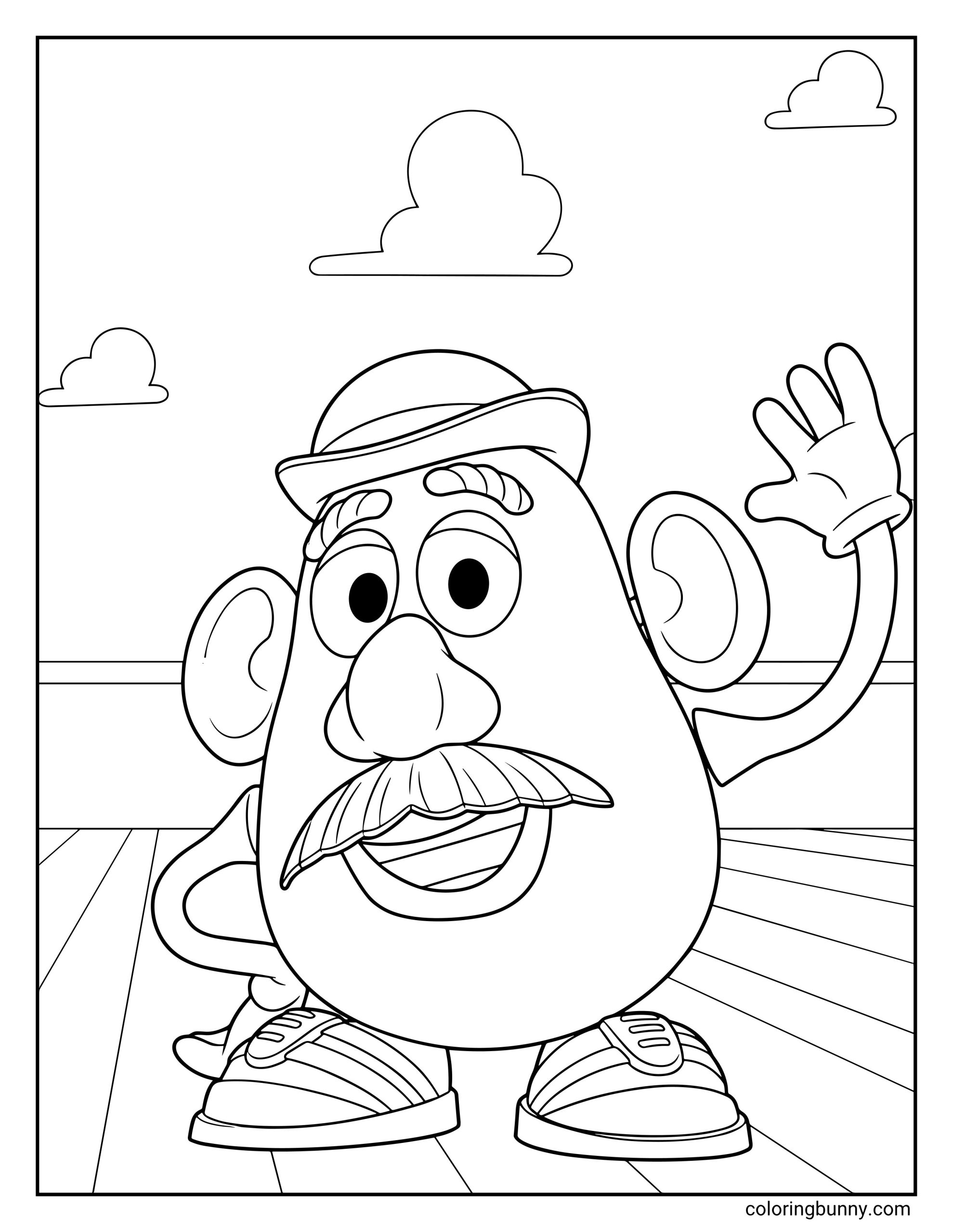Coloring page featuring Mr. Potato Head from Toy Story waving while standing upright, wearing a bowler hat, mustache, nose, ears, and sneakers, with open space and clouds behind him.