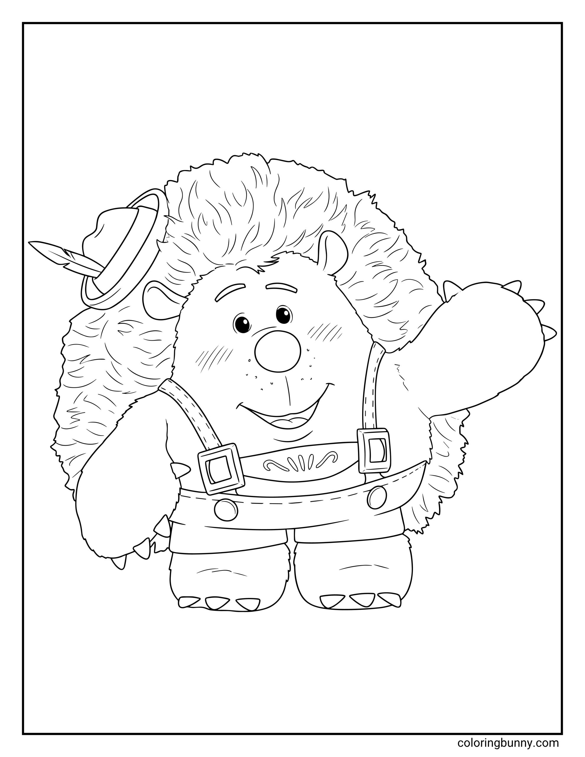 Mr. Pricklepants Toy Story coloring sheet featuring the stuffed hedgehog with soft furry outlines, a round face, lifted paw, decorative shorts with suspenders, and a small tilted hat with a feather.