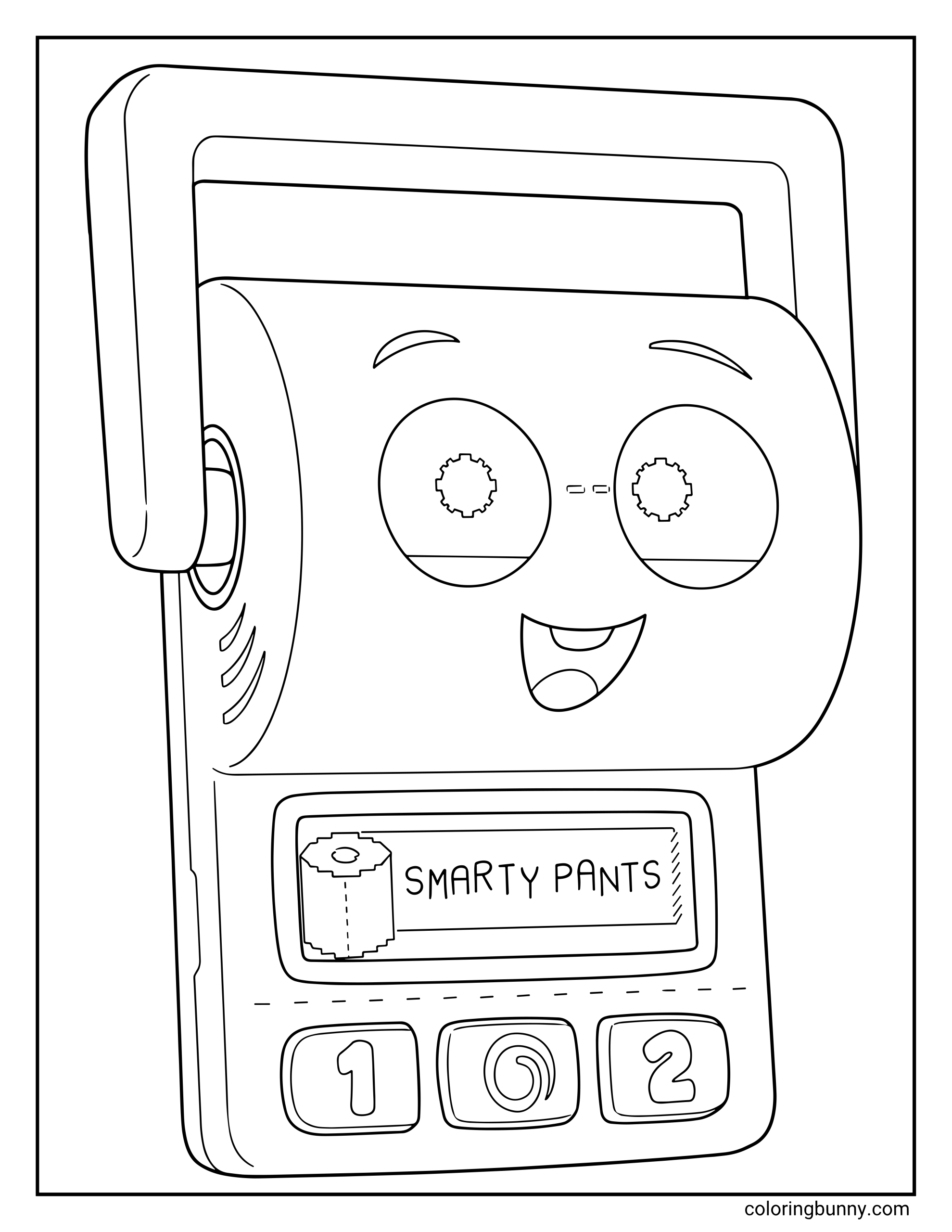 Coloring page of Mr. Smarty Pants from Toy Story 5 showing the tablet-style character with a smiling face, display panel, side detail, and three large buttons labeled 1, 0, and 2.