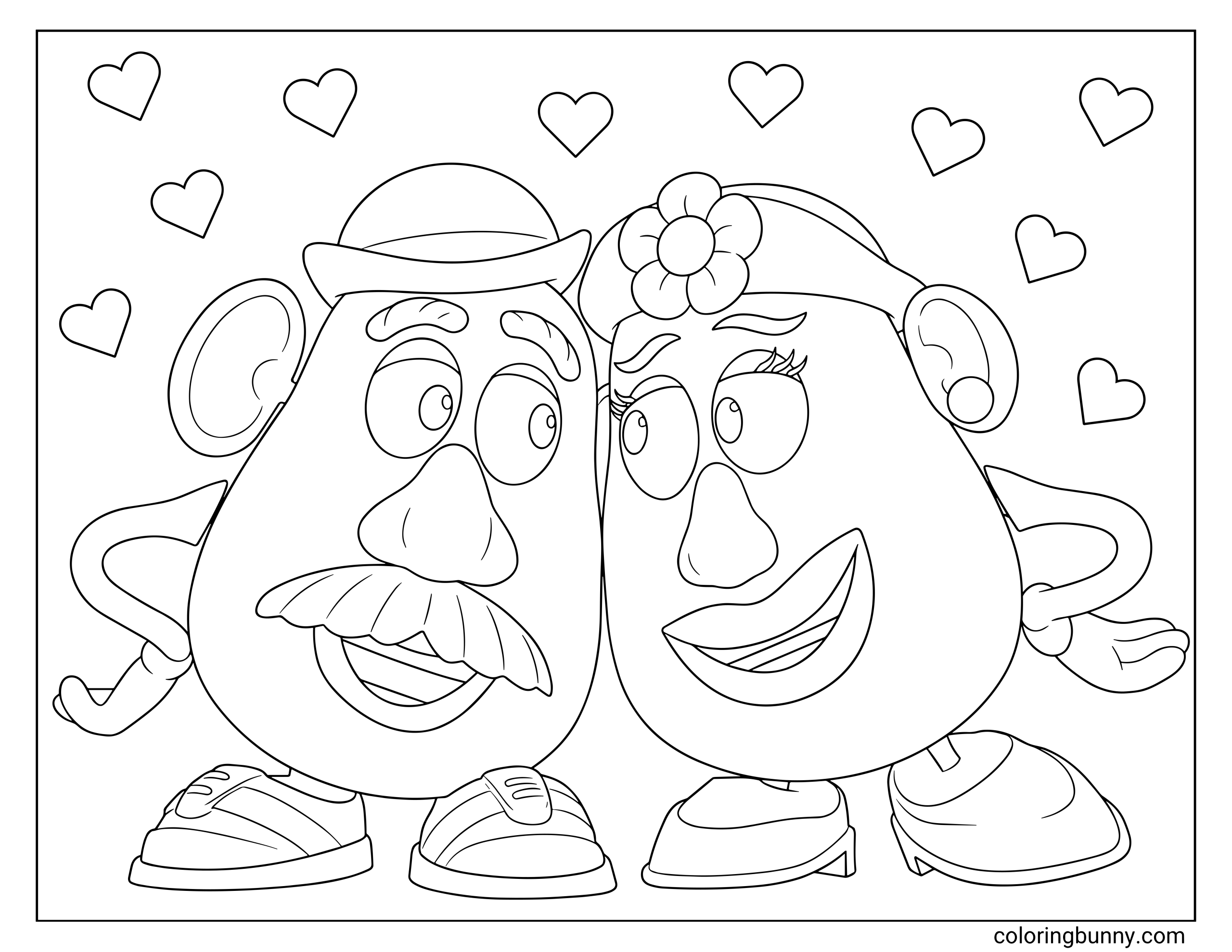 Toy Story coloring page showing Mr. and Mrs. Potato Head standing side by side with friendly expressions, signature ears and shoes, curved arms, and multiple hearts floating across the background.