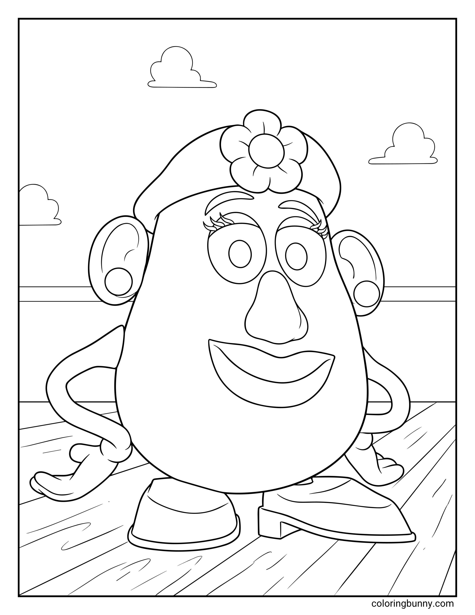 Toy Story coloring page featuring Mrs. Potato Head standing with her hands on her hips, wearing her flower hat, earrings, lipstick, and shoes, with simple clouds and wooden floorboards in the background.