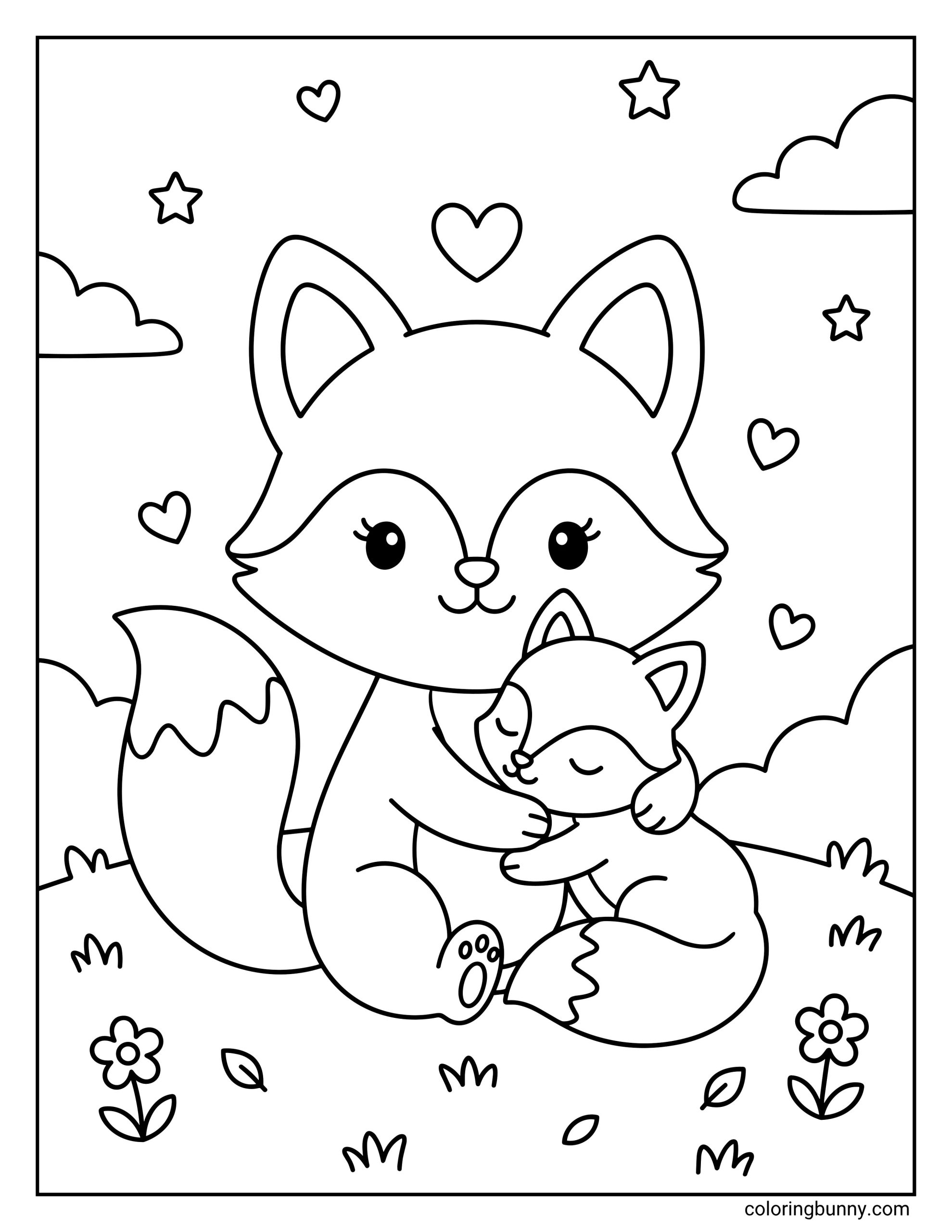 A cute coloring page of a gentle mother fox sitting down and hugging her sleeping baby kit on a grassy meadow under a sky filled with stars, clouds, and floating hearts.