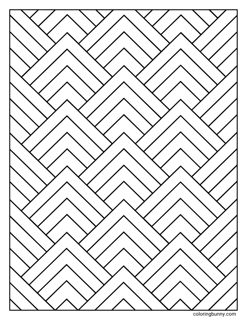 Chevron wave geometric pattern coloring sheet showing rows of nested angled lines that form a repeating zigzag design in a clean, symmetrical arrangement.