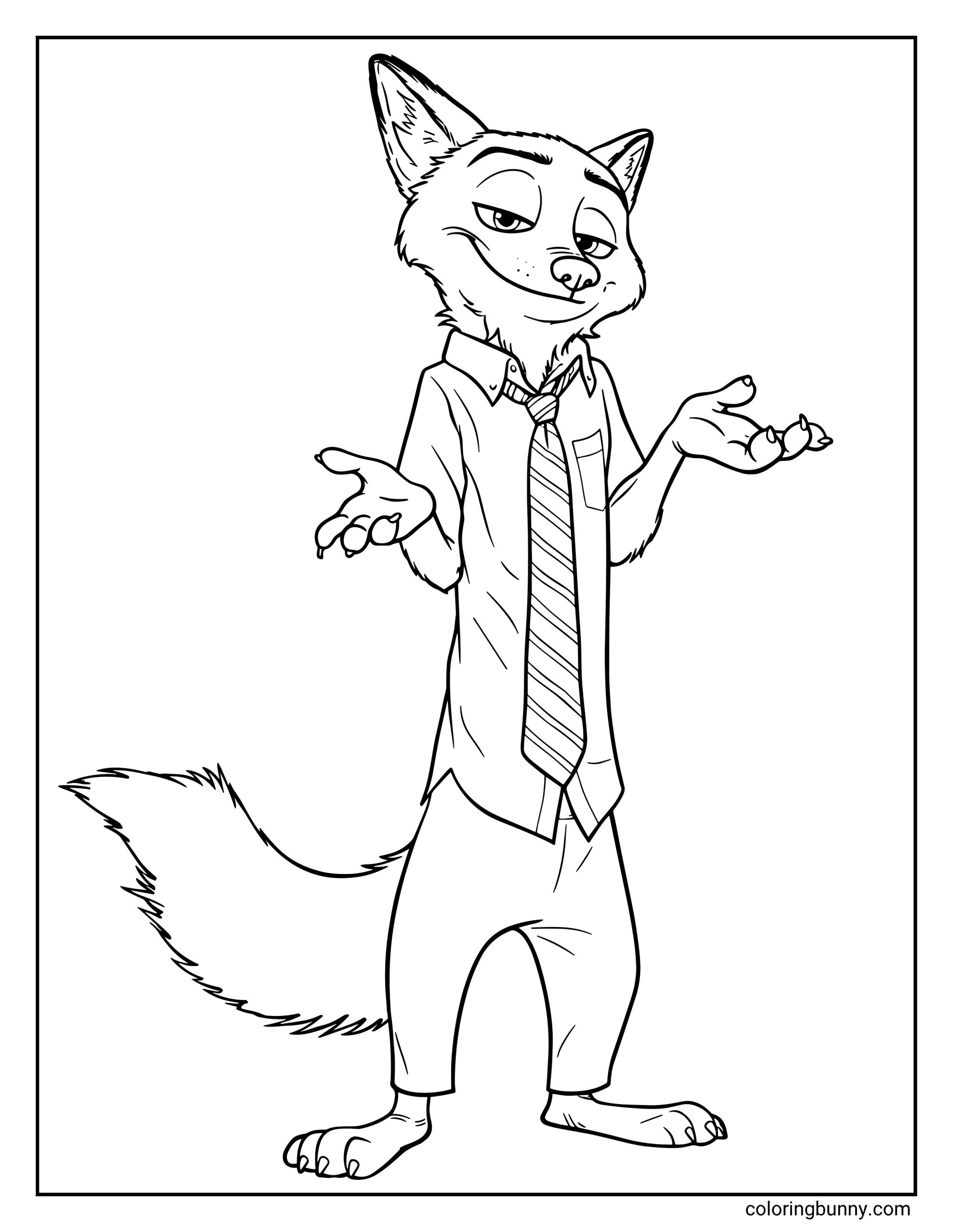 A Nick Wilde Zootopia Fox Coloring Page showing the popular cartoon fox character standing proudly with a sly smirk, shrugging his hands while wearing his signature collared shirt, striped tie, and trousers against a plain background.