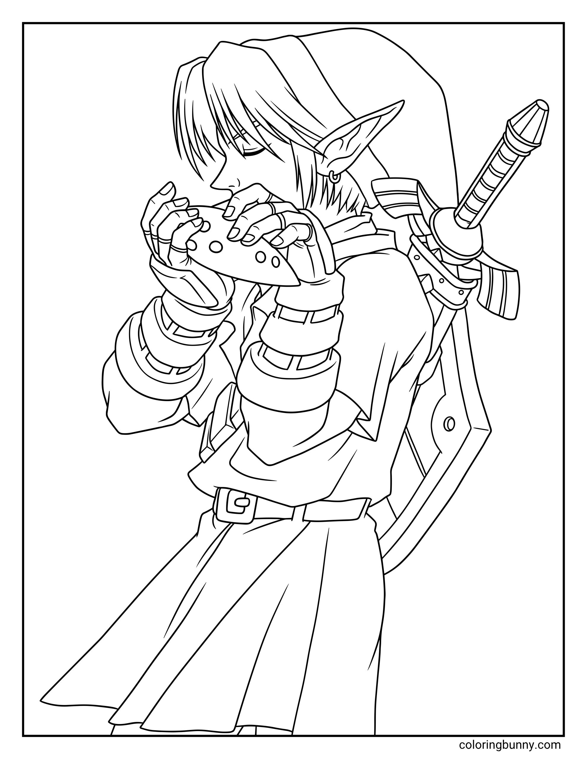 Zelda coloring page showing Link playing the ocarina in a close-up pose, with closed eyes, layered hair, pointed ears, sword hilt, shield, gloves, and tunic details.