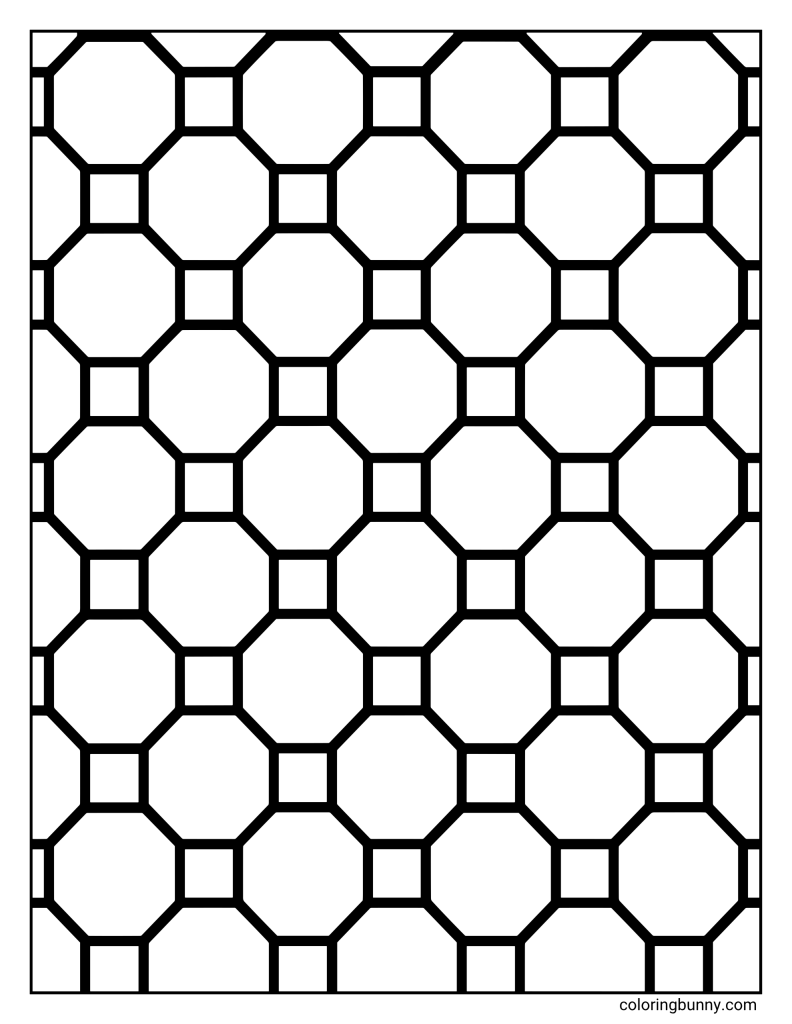 Octagon square tile pattern coloring page featuring repeating octagons connected by small squares in a clean tiled grid.