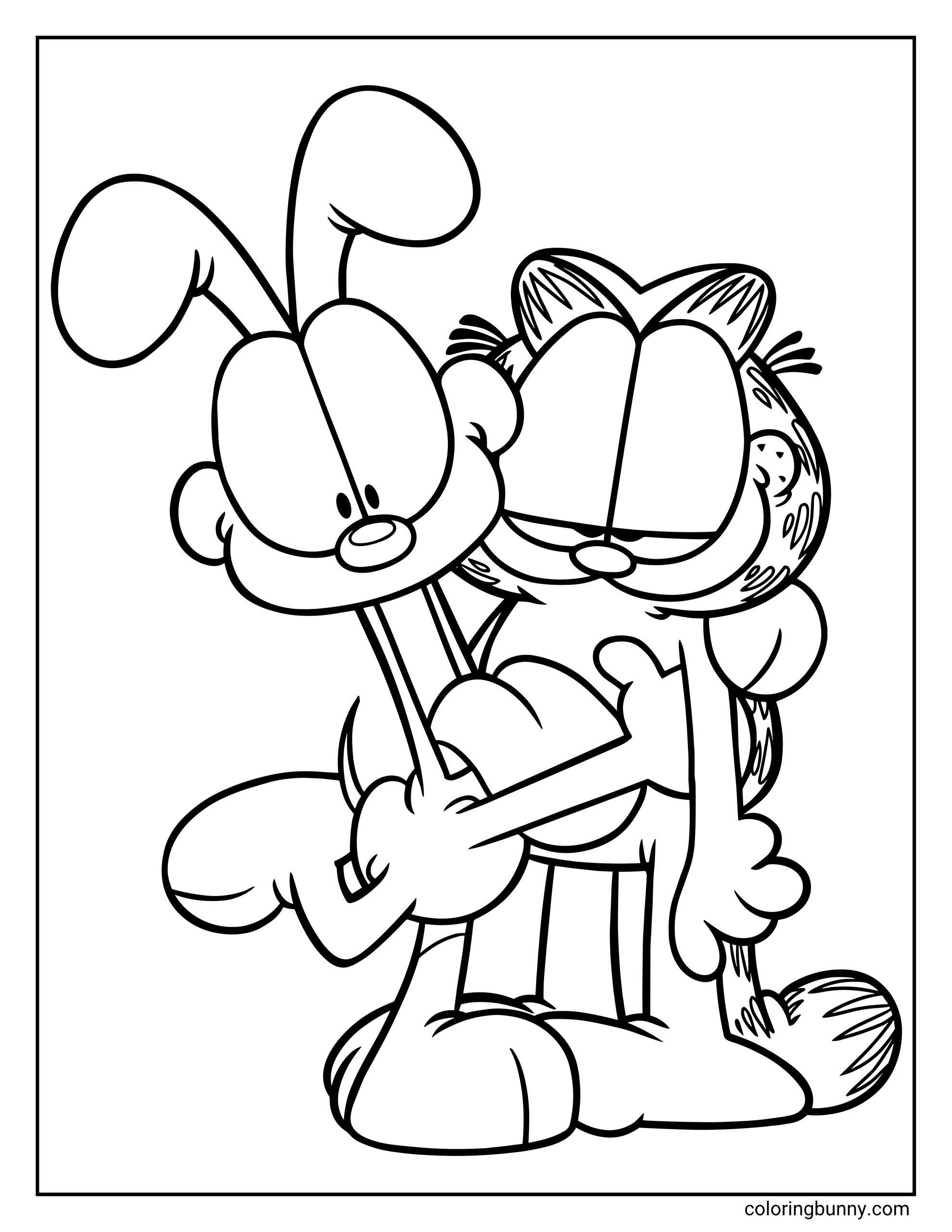 Garfield coloring page showing Odie hugging Garfield from the side, with Garfield’s rounded body, striped tail, big oval eyes, and Odie’s happy face pressed close.