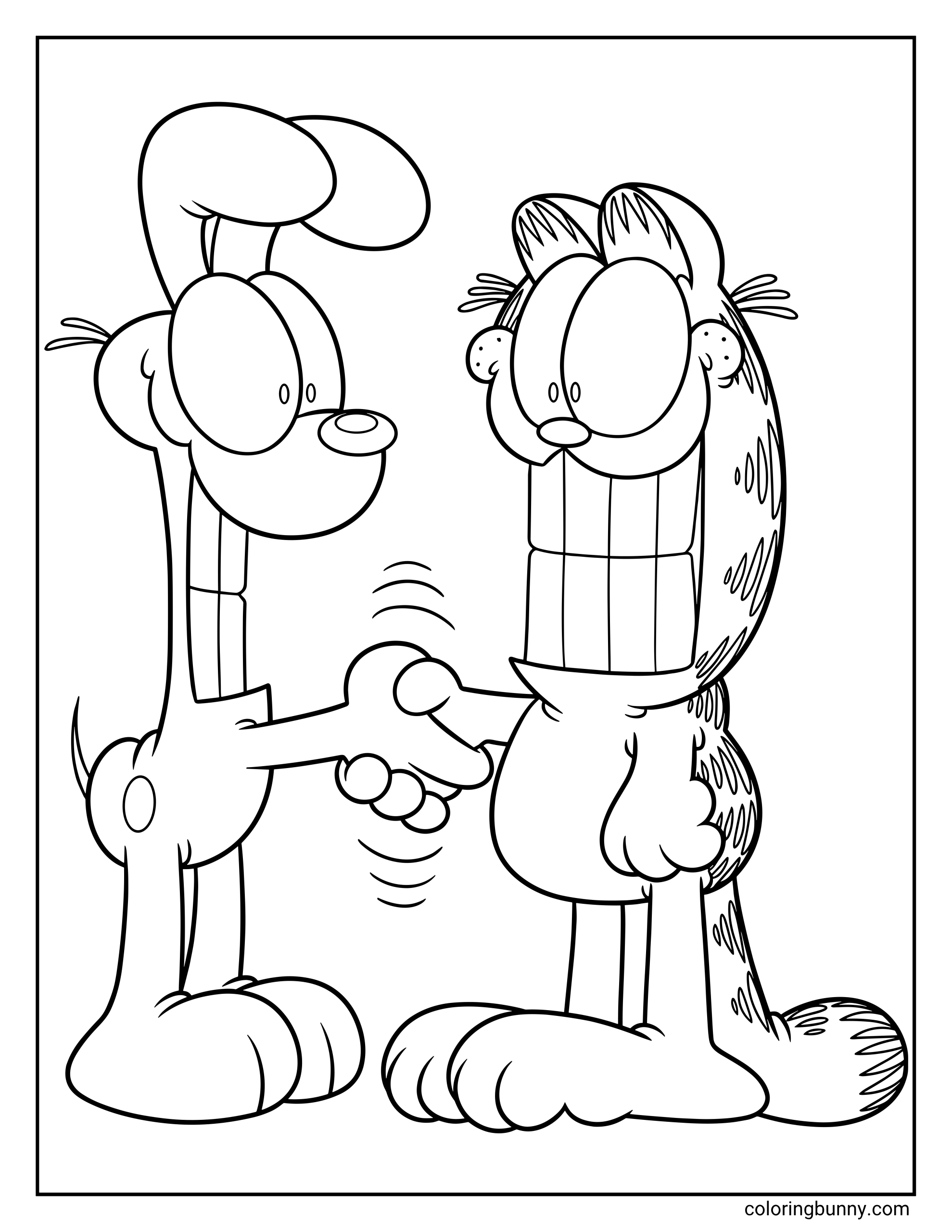 Garfield coloring sheet featuring Garfield and Odie shaking hands in a simple full-body pose, with Garfield smiling broadly and Odie looking cheerful.