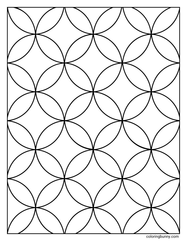 Overlapping stars and circles coloring page featuring repeating curved circle arcs that form flower-like star shapes in a geometric pattern.