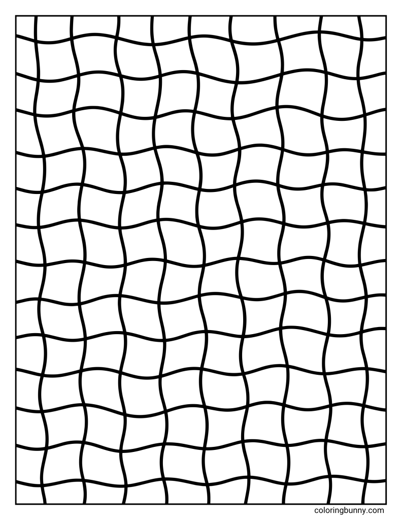 Patchwork quilt pattern coloring page featuring a wavy grid of curved square-like sections arranged like soft fabric pieces.