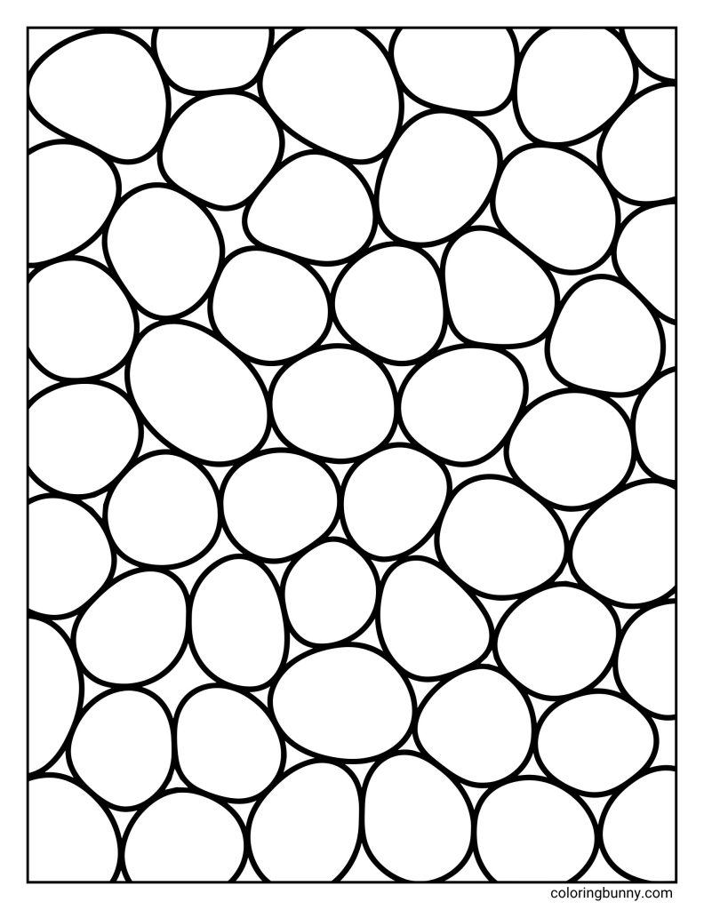 Pebble stone pattern coloring page featuring rounded pebble-like shapes in different sizes arranged closely together.