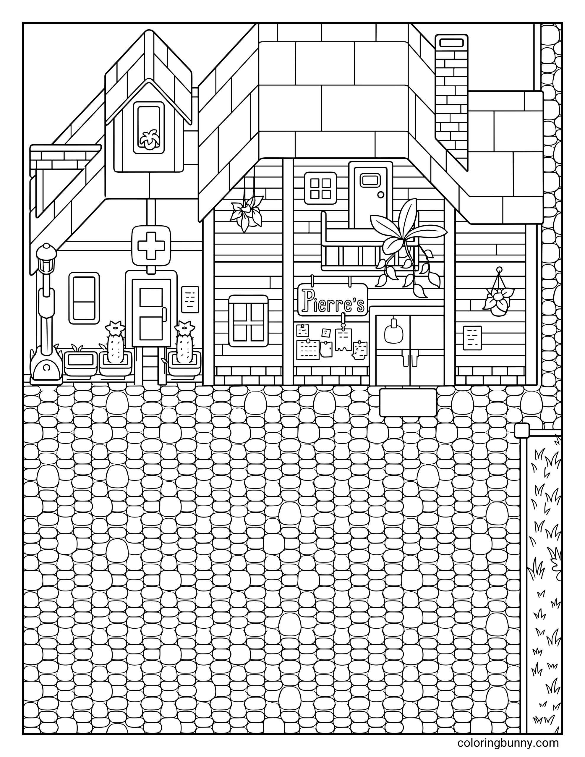 A Stardew Valley coloring page of Pierre's General Store and Harvey's Medical Clinic in Pelican Town, featuring a large cobblestone town square in the foreground.