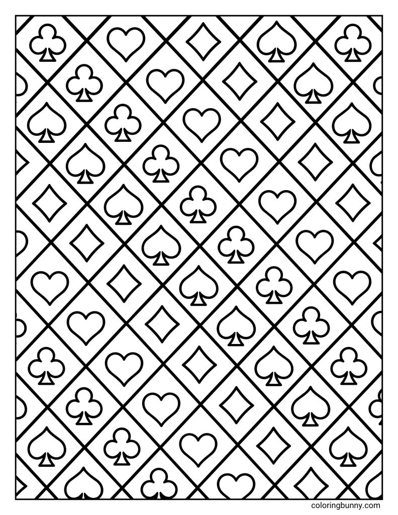 Playing card suit diamond pattern coloring page featuring hearts, clubs, spades, and diamonds repeated inside a diagonal diamond grid.