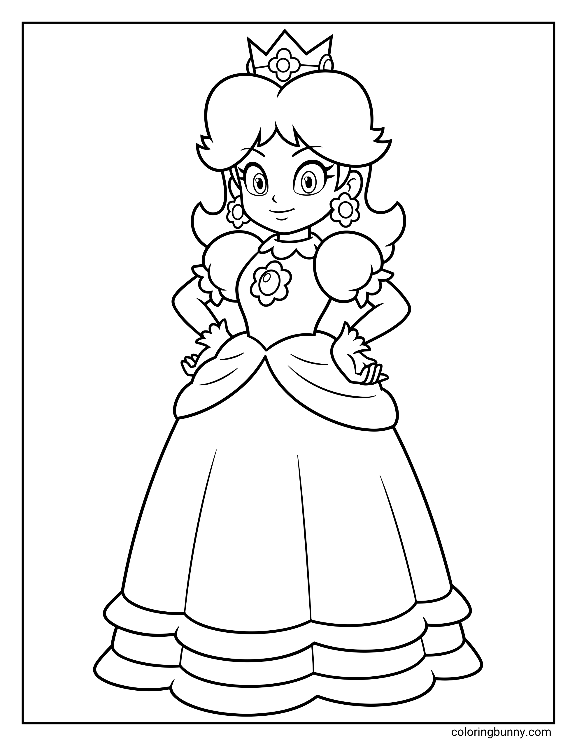 Coloring page of Princess Daisy from the Mario universe, showing her crown, floral jewelry, puff sleeves, gloves, and elegant princess gown.