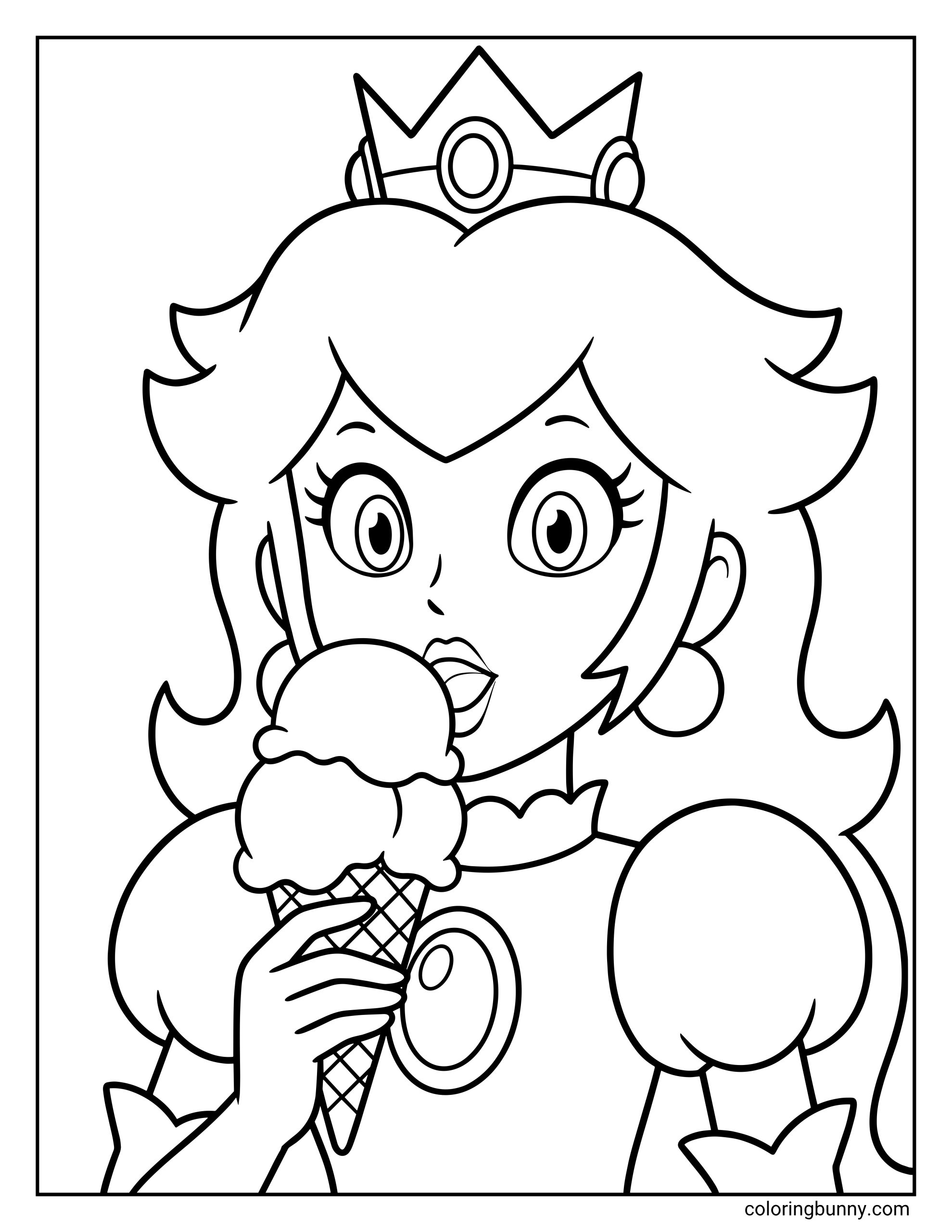Princess Peach coloring sheet featuring a close-up of Peach eating ice cream from a waffle cone while wearing her crown and classic gown.