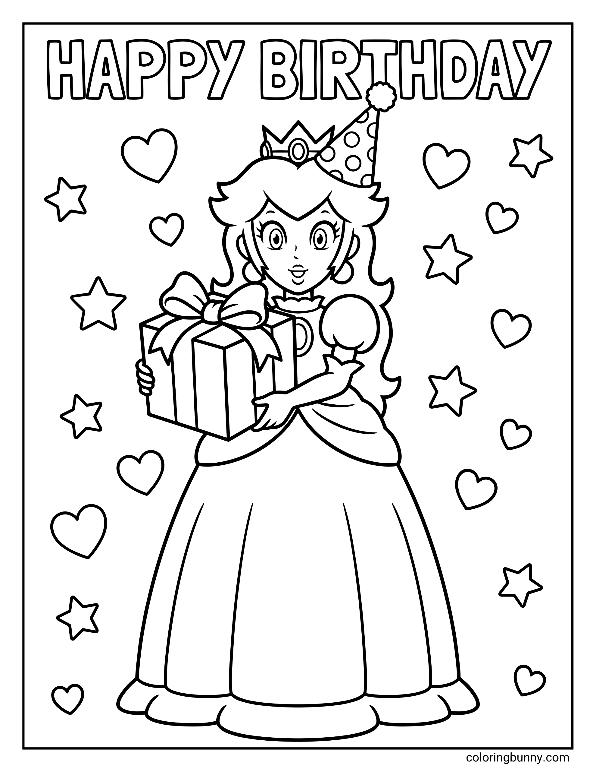 Happy Birthday Princess Peach coloring page featuring her holding a birthday present and balloon, wearing a party hat, surrounded by hearts, stars, and Happy Birthday letters.