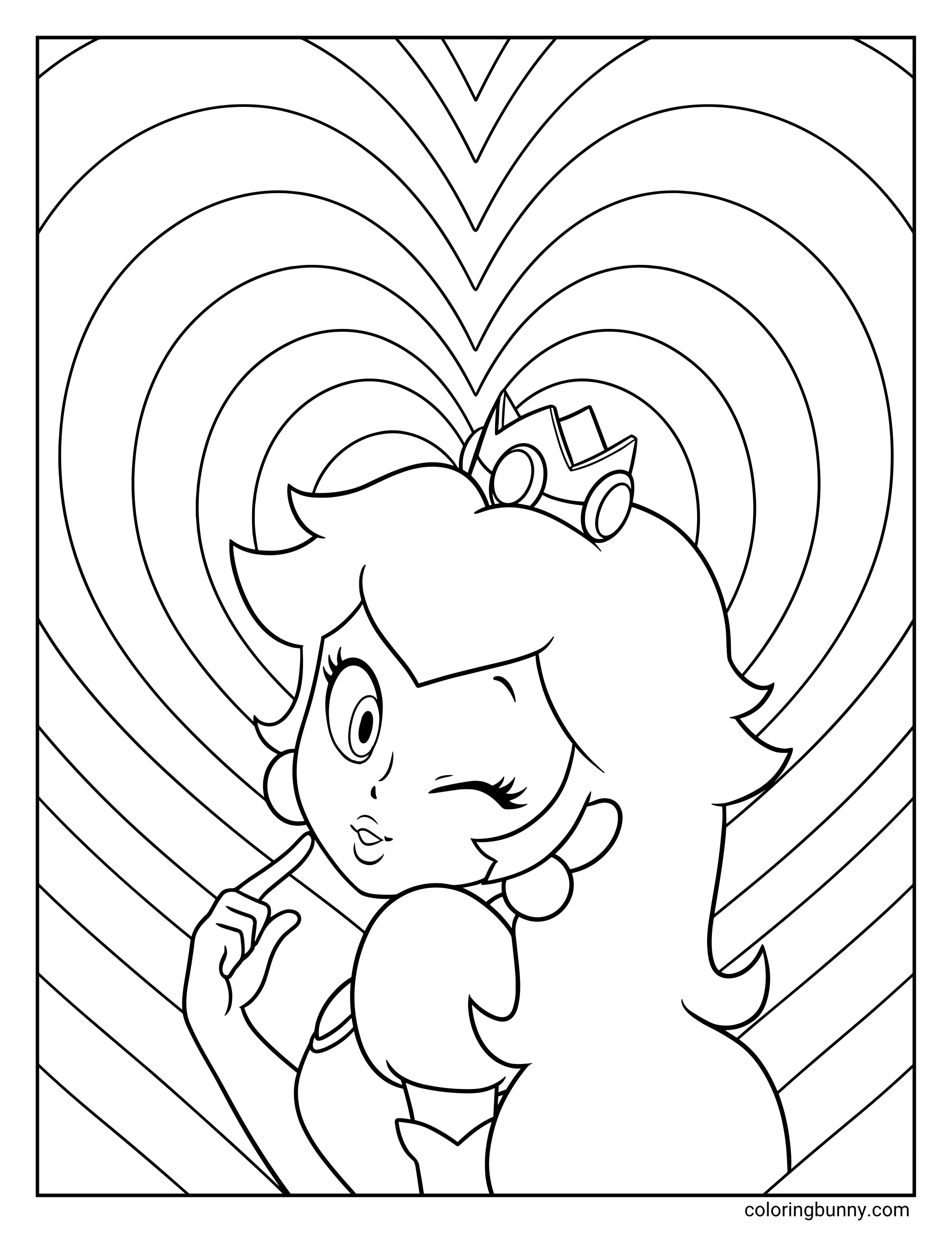 Princess Peach coloring sheet featuring a portrait of Princess Peach with a flirty wink, soft smile, one finger touching near her lips, and repeated curved lines behind her forming a giant layered heart design.
