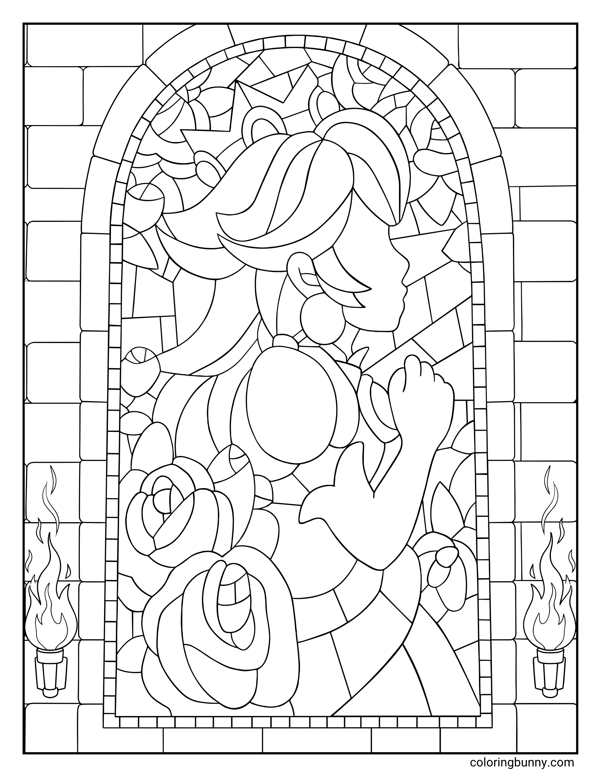 Princess Peach coloring sheet featuring a stained glass window in Princess Peach’s castle, with her crown, flowing hair, raised hand, roses, stone wall, and torches.